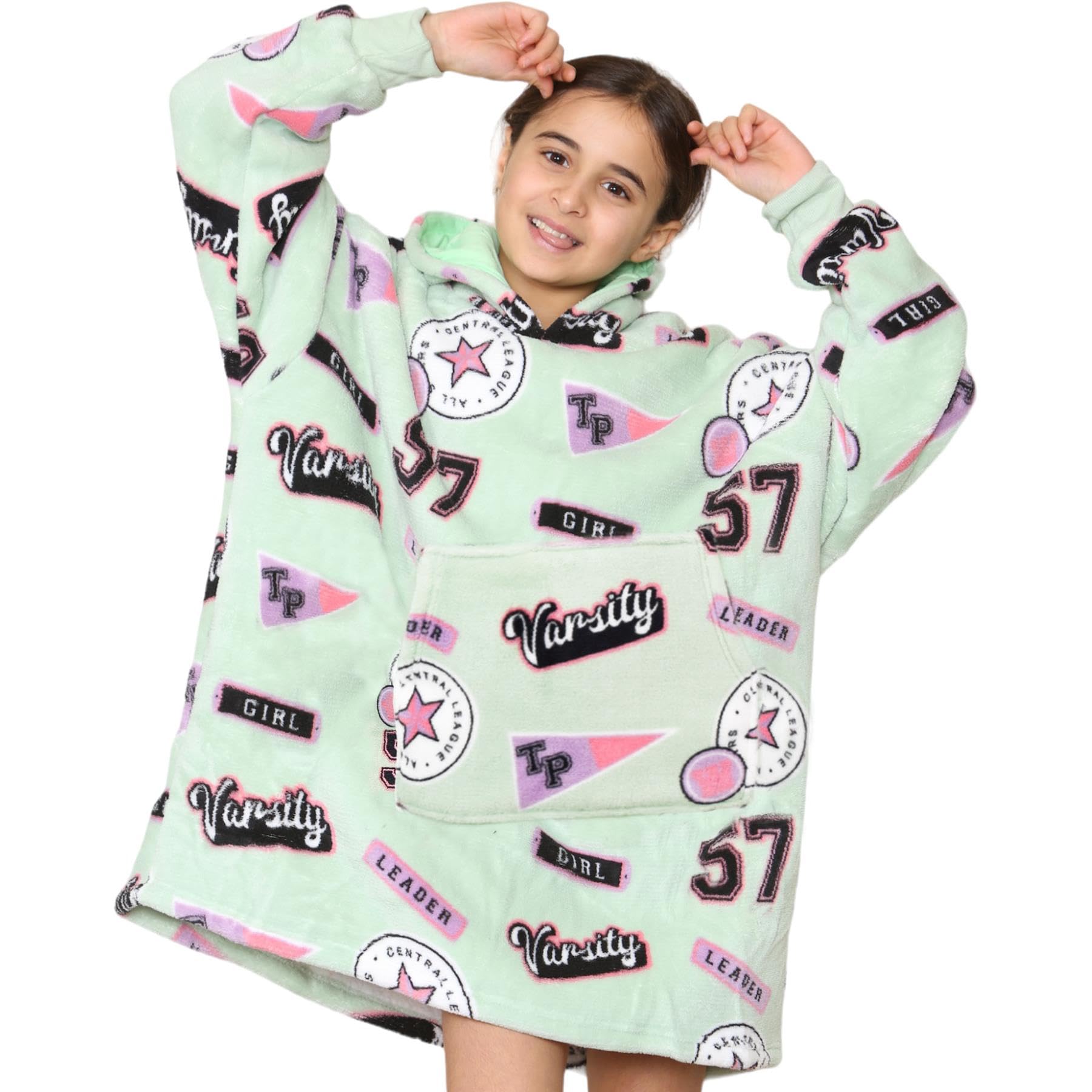 A2Z 4 Kids Girls Boys Oversized Hoodie Animal Blanket Super Soft Warm Fleece - Snuggle 928 Varsity Apple Green Long — image 1