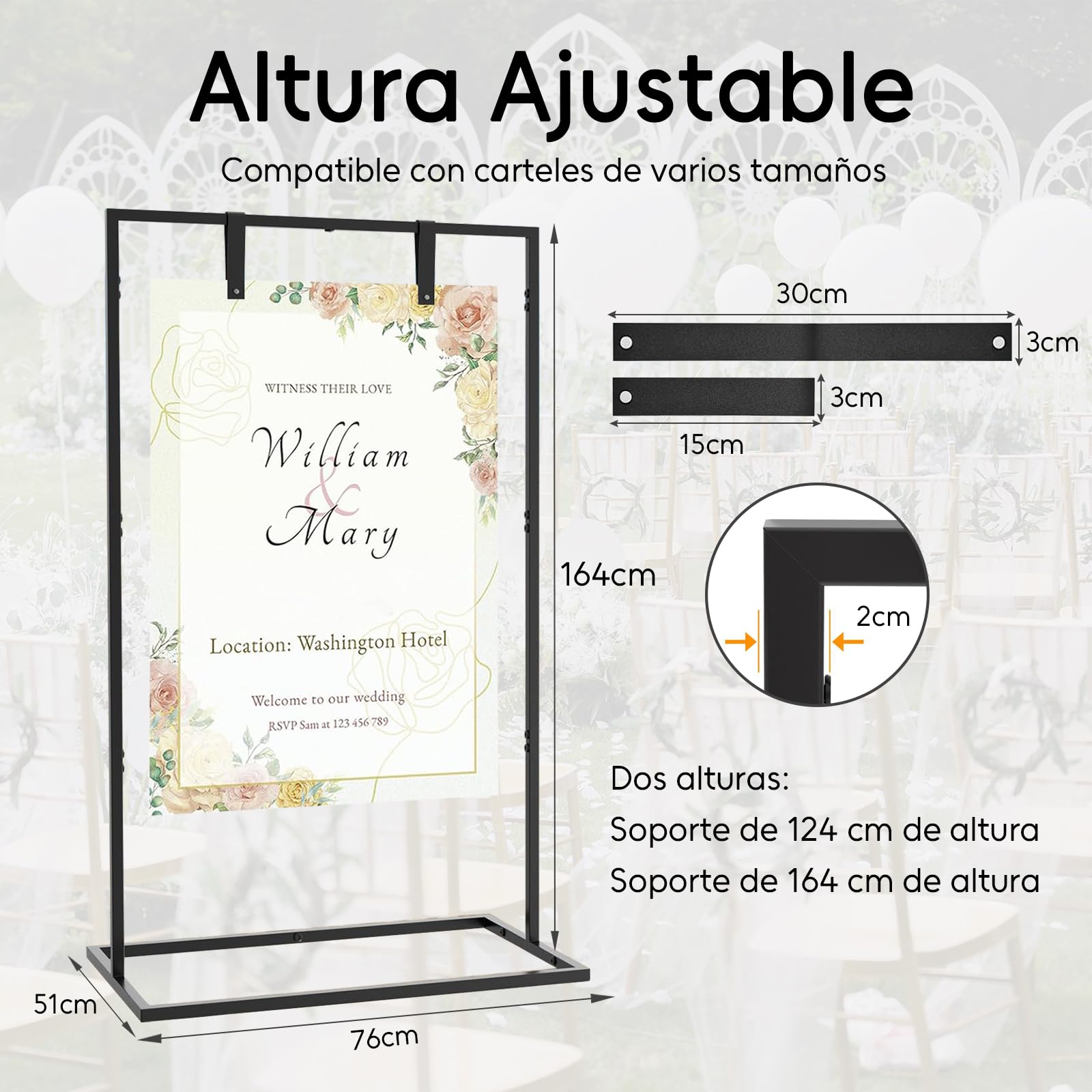 Soporte para letreros de boda, 164 x 76 x 51 cm , soporte de caballete resistente para letrero con 4 correas de cuero, adecuado para tabla de asientos, recepción, carteles y decoración (Negro)