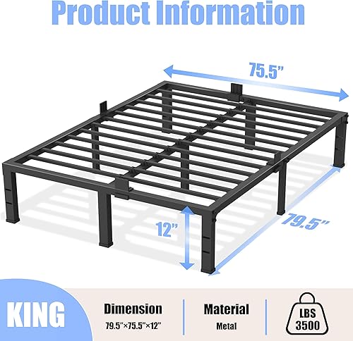 Miniatura 35 de Marco de cama de tamaño matrimonial de 14 pulgadas, soporte resistente de plataforma de metal de 3500 libras, no necesita somier, sin ruido,