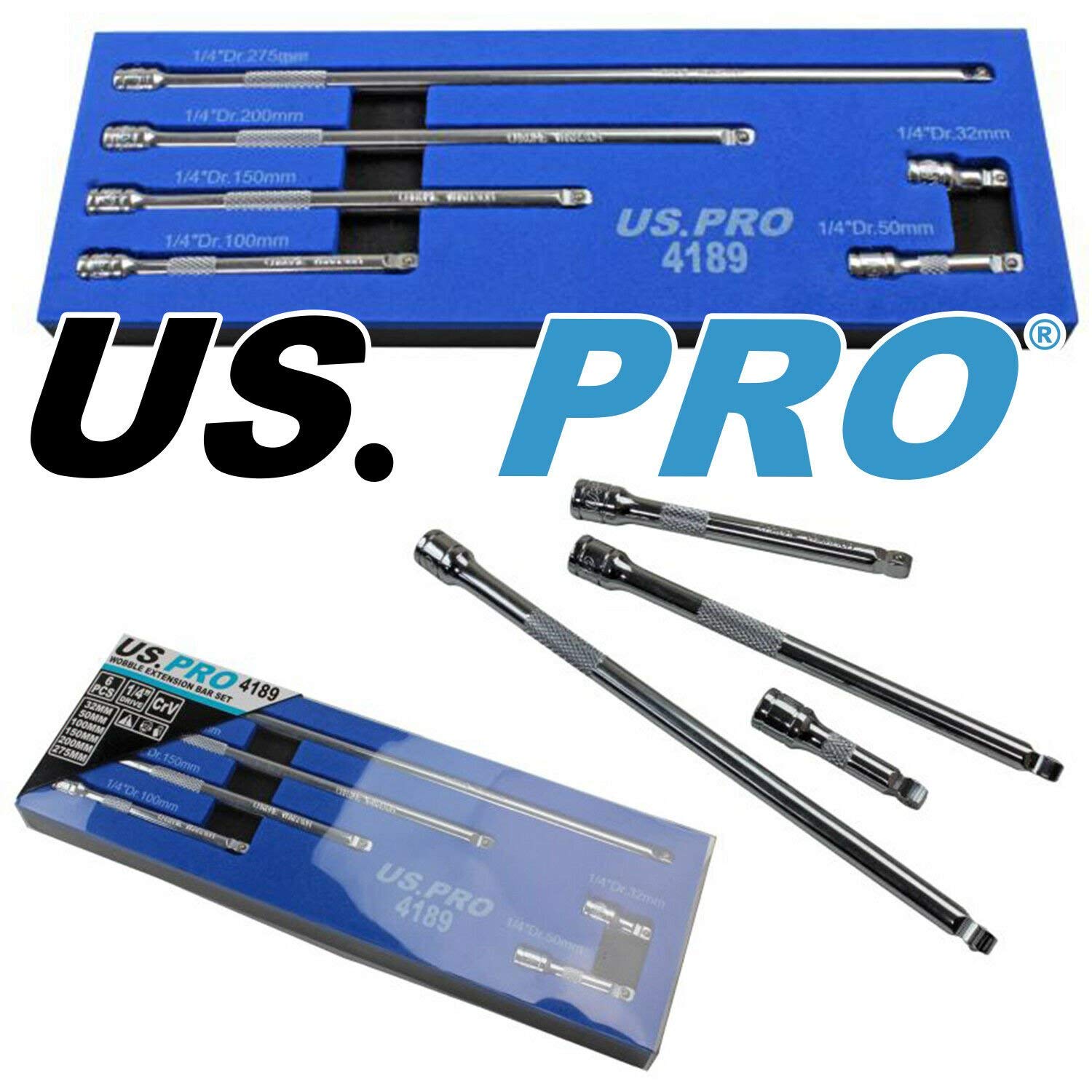 US PRO Tools 1/4"" Drive Wobble Extension Bar Set 6pc in Foam Tray 4189