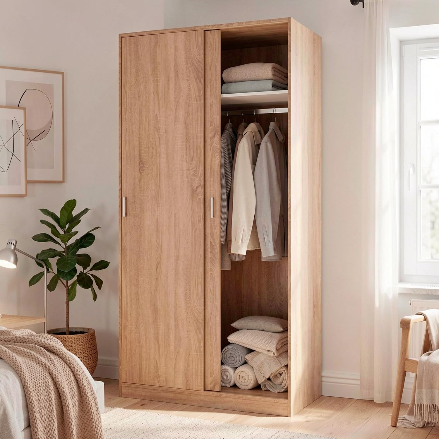 Bricozone Armadio 2 Ante Scorrevoli Con Appendiabiti E Ripiano Superiore Salvaspazio Design Moderno In Rovere Per Camera Da Letto E Cameretta Mobile Contenitore 200 x 100 x 50 Cm