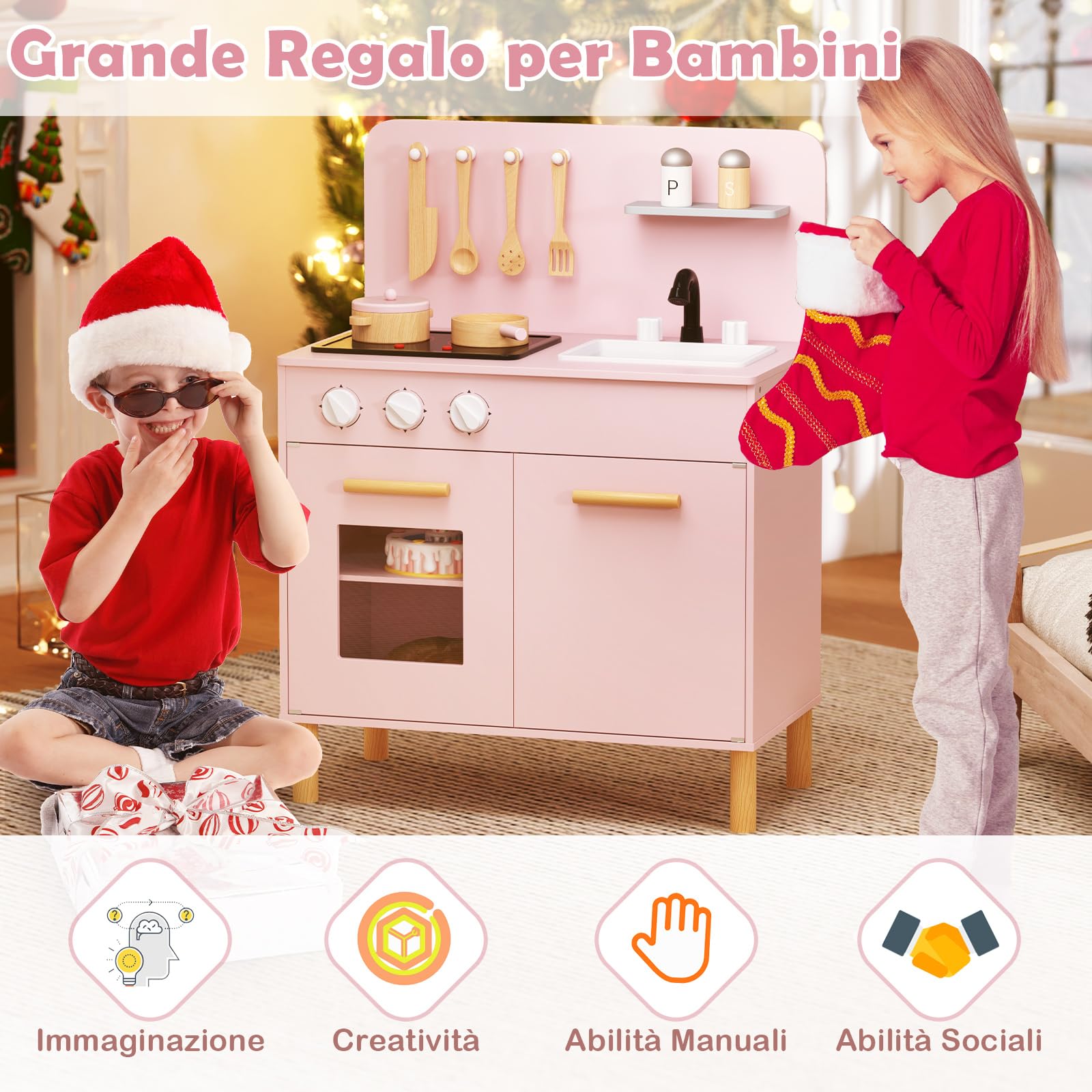 RELAX4LIFE Cucina Giocattolo per Bambini, Mini Cucina in Legno con Luci e Suoni Reali, Utensili da Cucina, Set Giocattoli per Bambini 3+ Anni (Rosa)