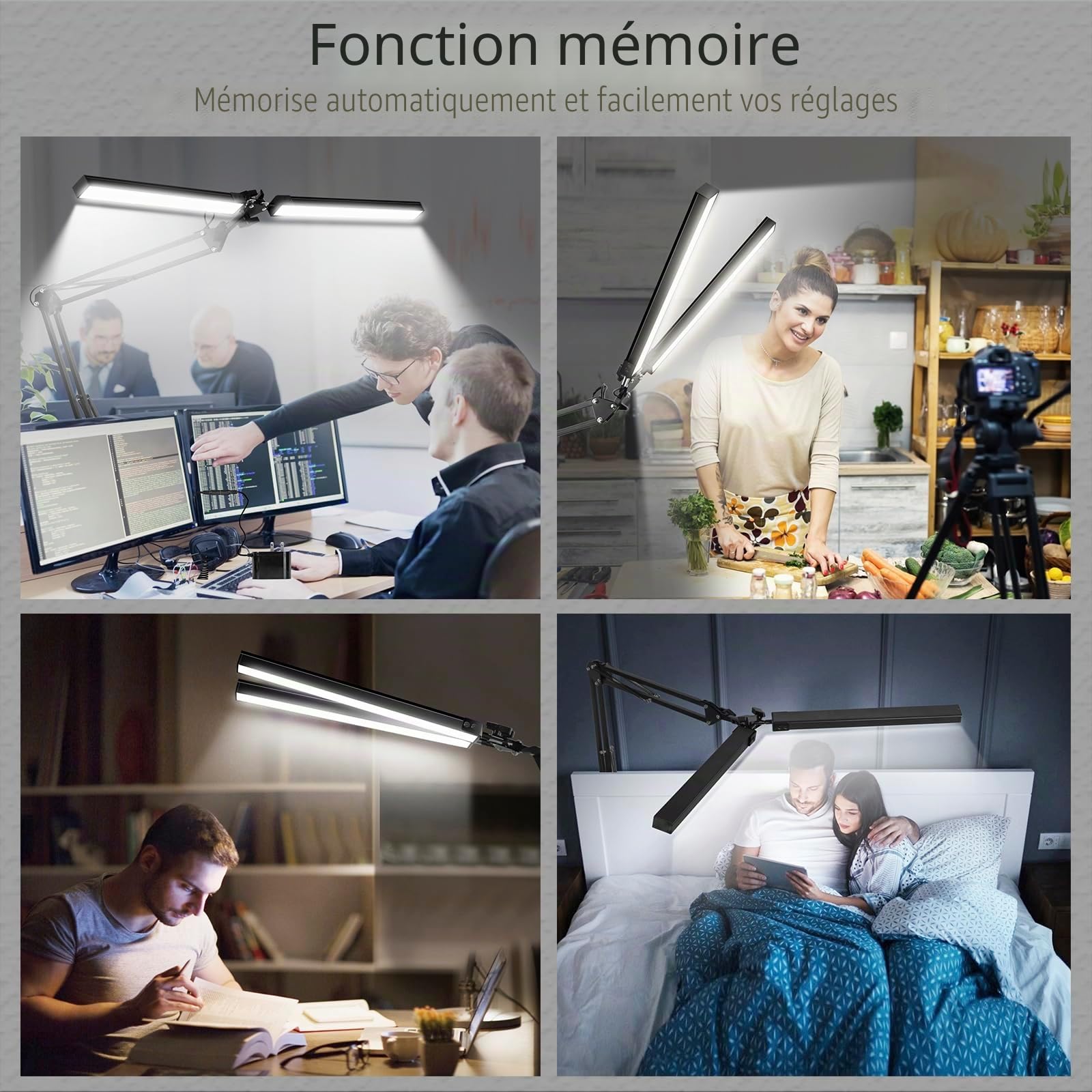 NOEVSBIG Lampe de bureau LED, 2 en 1 avec protection des yeux et lampe à clip, 3 modes de couleur et intensité variable en continu, lampe de lecture réglable avec fonction mémoire