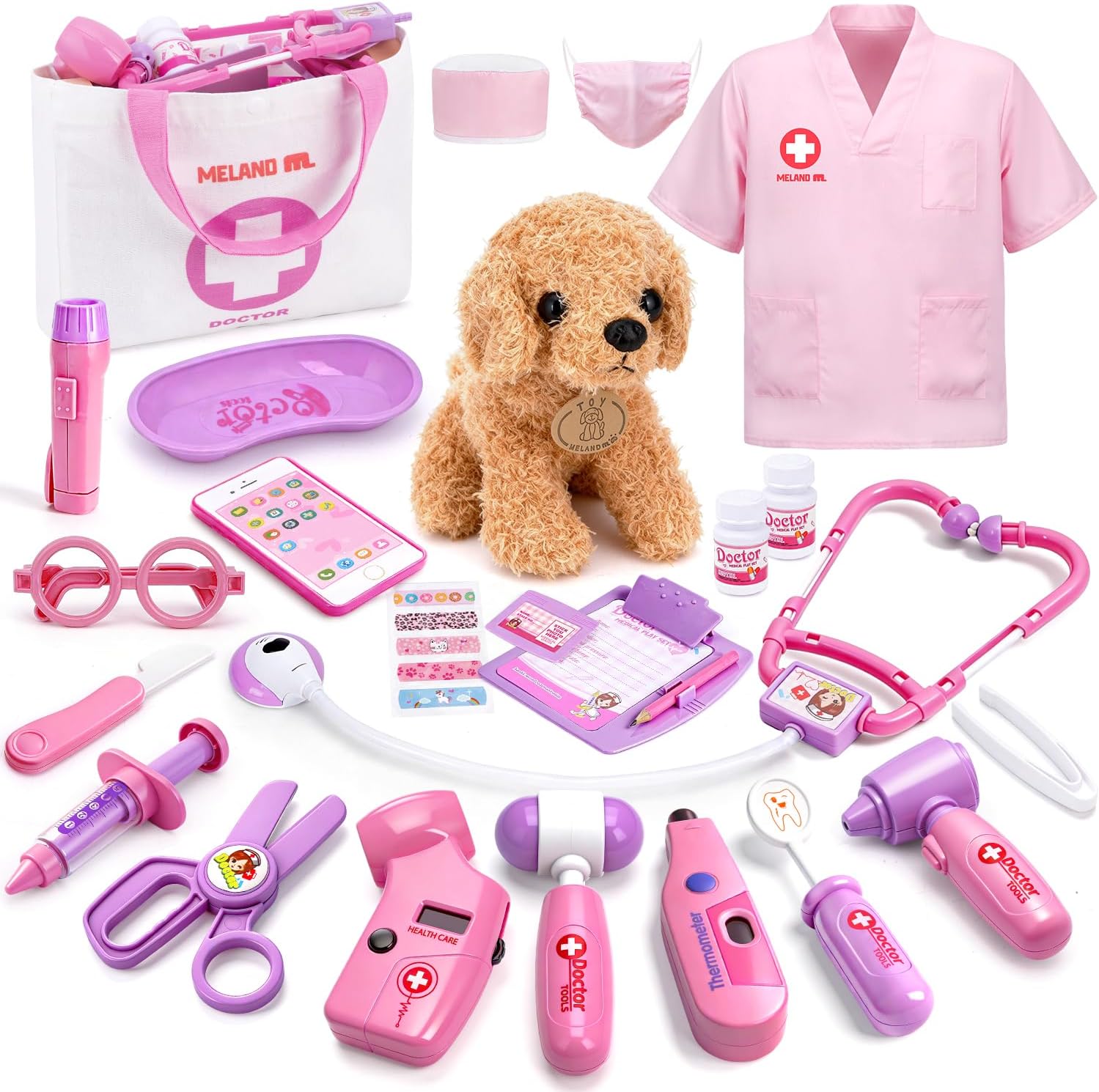 Toy Doctor Kit for Girls, Pretend Play Toy Doctor Set with Dog , Carrying Bag, Stethoscope & Dress Up Costume Gift for Kids Toddlers Ages 3 4 5 6 Year Old for Role Play