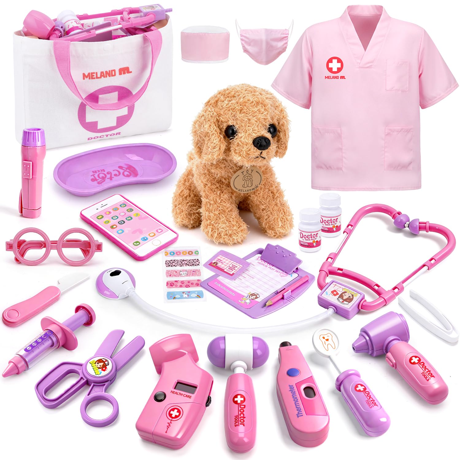 - Meland Toy Doctor Kit for Girls, Pretend Play Toy Doctor Set with Dog , Carrying Bag, Stethoscope & Dress Up Costume Gift for Kids Toddlers Ages 3 4 5 6 Year Old for Role Play