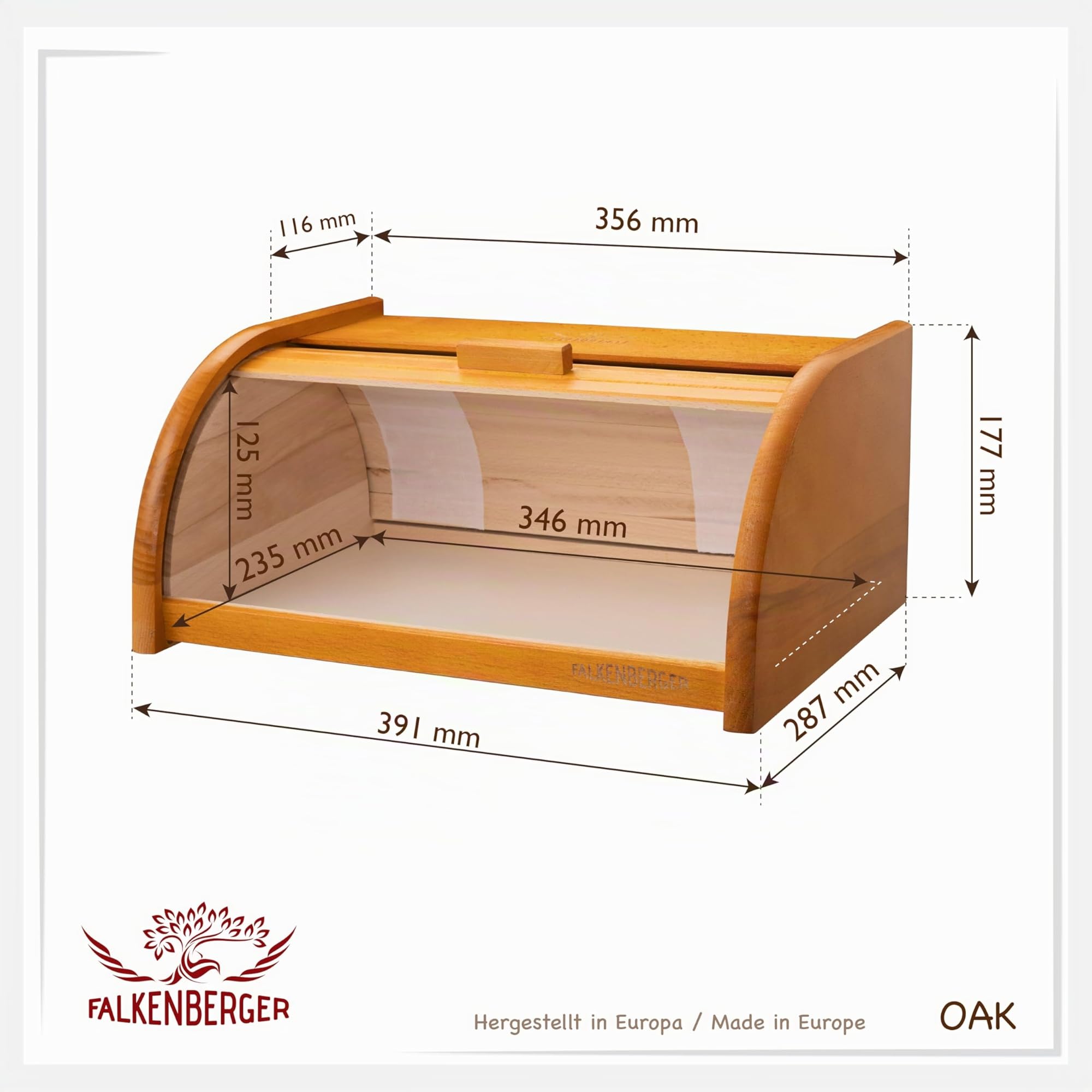 Panera de madera de haya de aproximadamente 39x29x18 cm, panera de pan enrollado tradicional con tapa enrollable hecha a mano