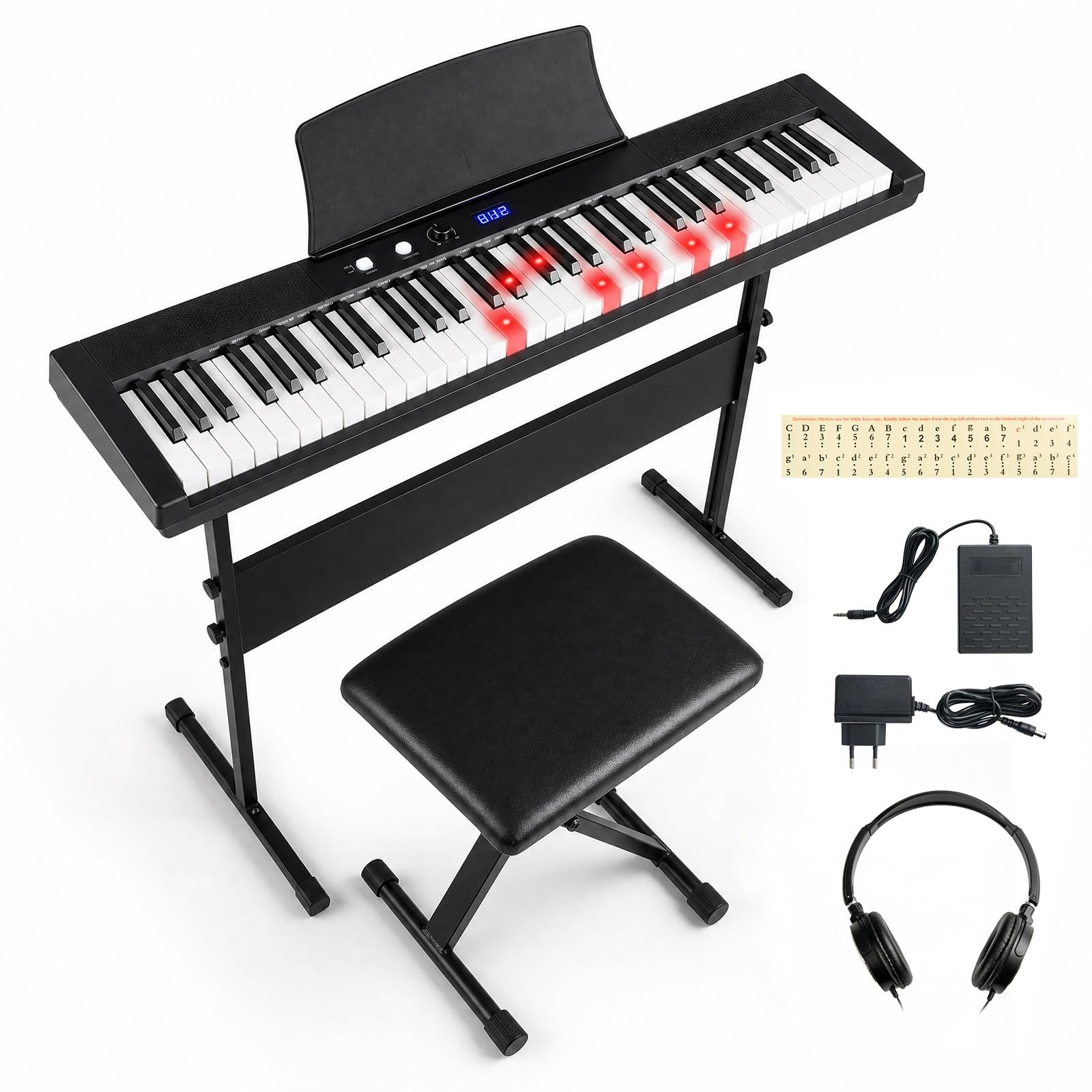 KOMFOTTEU Pianoforte Digitale a 61 Tasti con Sgabello, Leggio e Cuffie | Tastiera Elettronica Pesati con MIDI, Pedale Sustain e Borsa, Funzione Doppia Tastiera, Piano per Principianti e Adulti, Nero