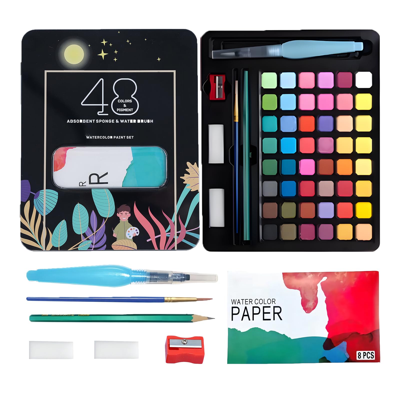 48 Colores Acuarelas Profesionales,Acuarelas Niños Alto Con Caja De Metal Principiantes Y Aficionados a la Pintura,Portátil Pintura de Acuarela Sólida Kit,Incluyendo Pinceles de Agua,Esponja y Papel
