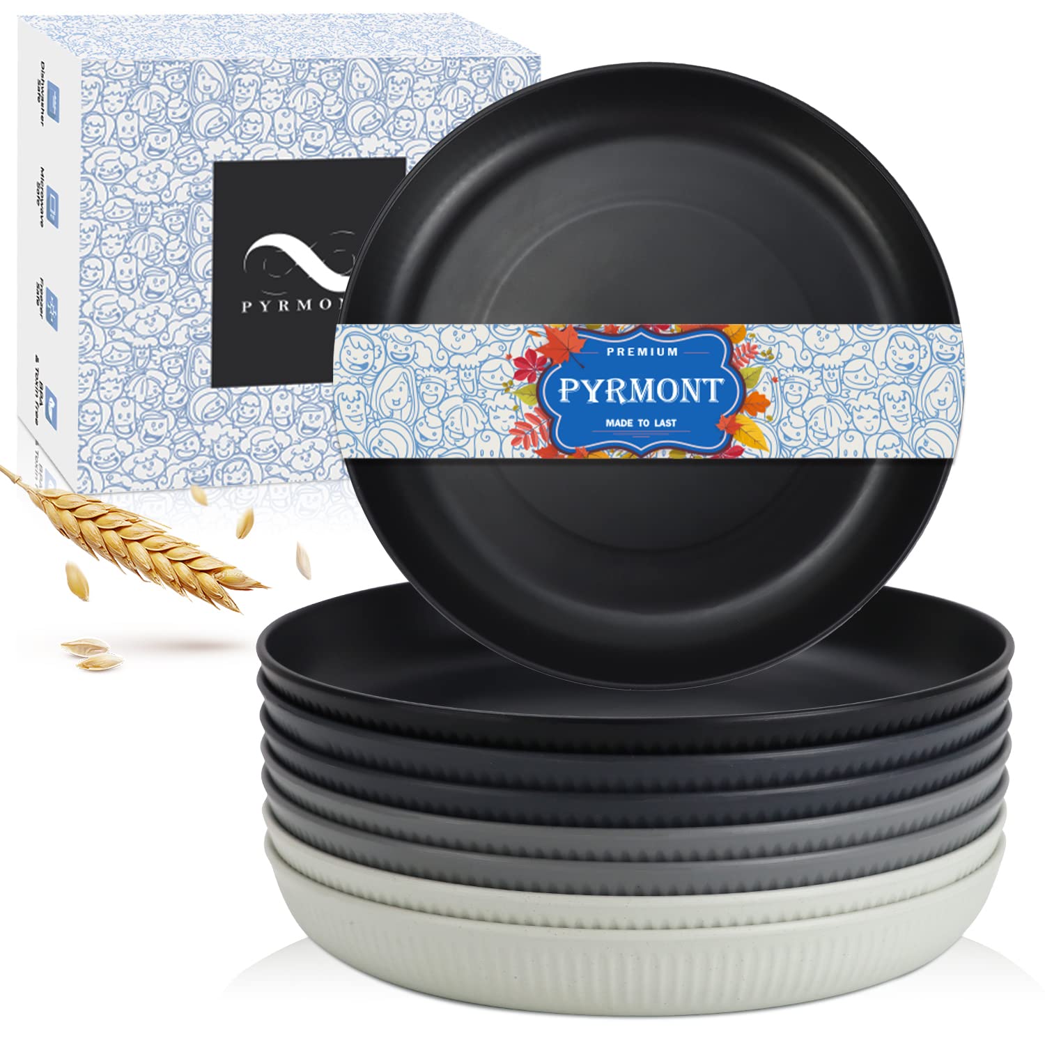 PYRMONT Wheat Straw Plates 9-inch Plastic Plates 8 PCS Reusable Dinner Plates Camping Plates Salad Plates Unbreakable Kitchen Plates Dishwasher and Microwave Safe Plates, BPA-Free