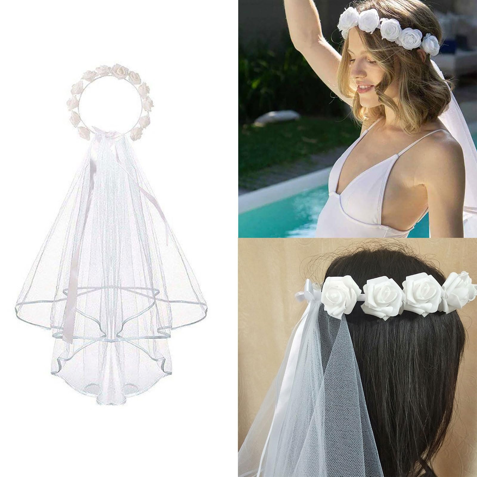 YOUNAFEN Elegant Floral Bridal Headband with Veil Bridal Crown Veil Bridal Veil for Hen Party Bridal Shower Gift 80cm White - Image 4