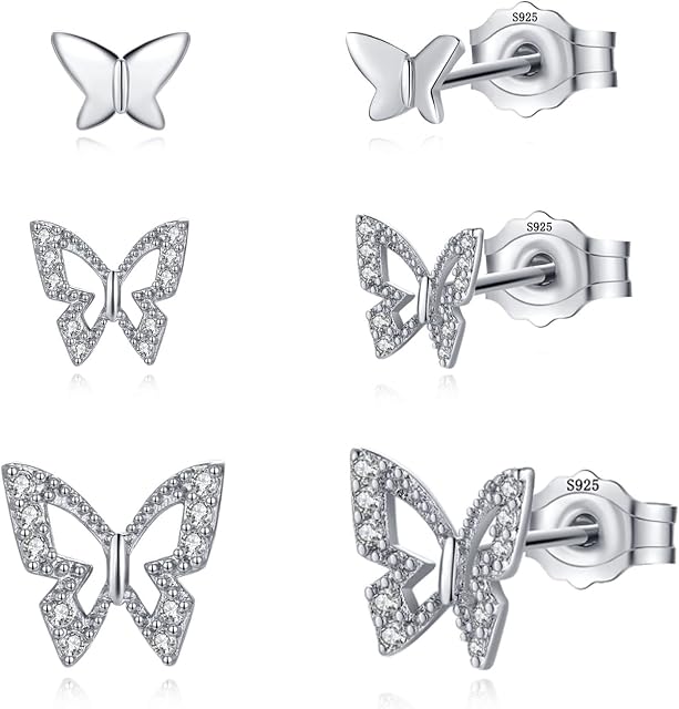 SAKUNALA 925 Sterling Silver Stud Earrings for Women Girls, 3 Pairs Hypoallergenic Silver 3D Butterfly Stud Earrings, Daisy Flower Earrings,Christmas Earrings Xmas Jewellery Gifts