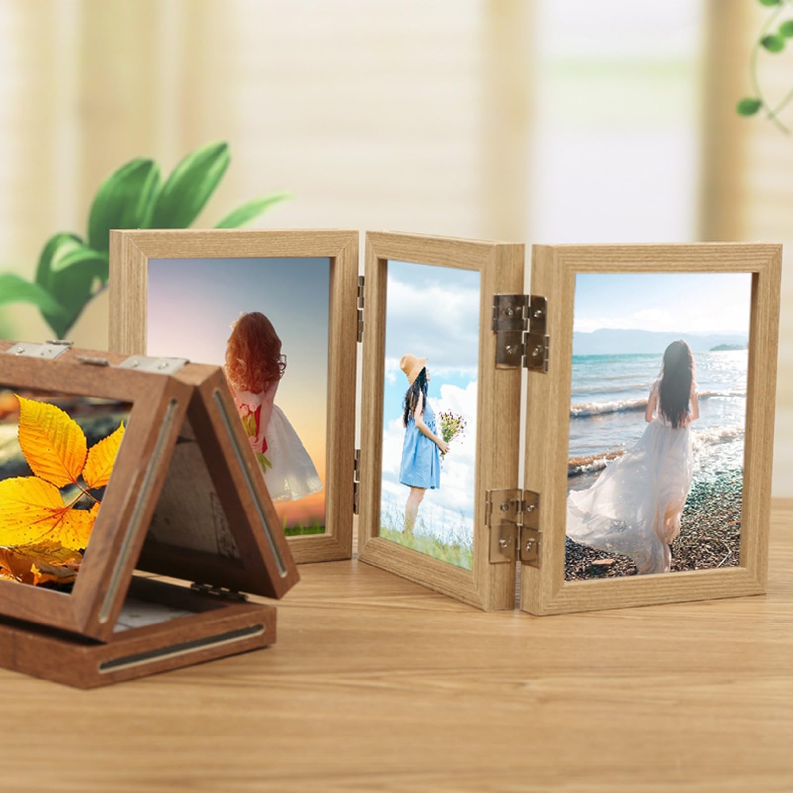 Bilderrahmen Zum Hinstellen, Bild 10 x 15 cm Anzeigen, Holz Rechteck 3 Öffnung Falten Fotorahmen für Home Decor, Senkrecht, Tischplatte, MDF