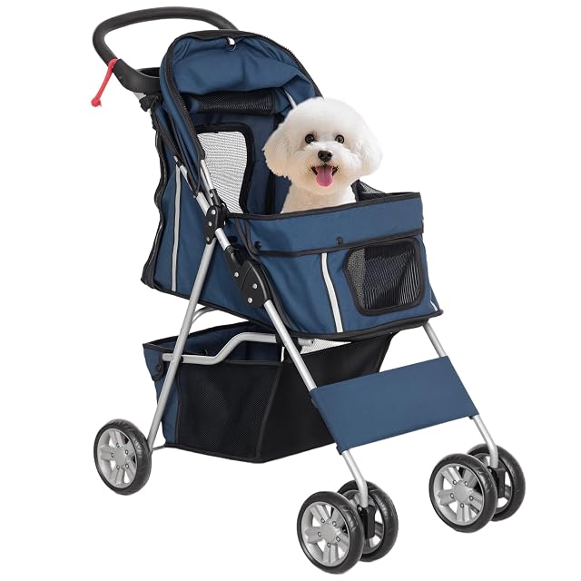 PawHut Carrito para Perros Gatos Plegable hasta 10kg 75x45x97cm Azul Oscuro