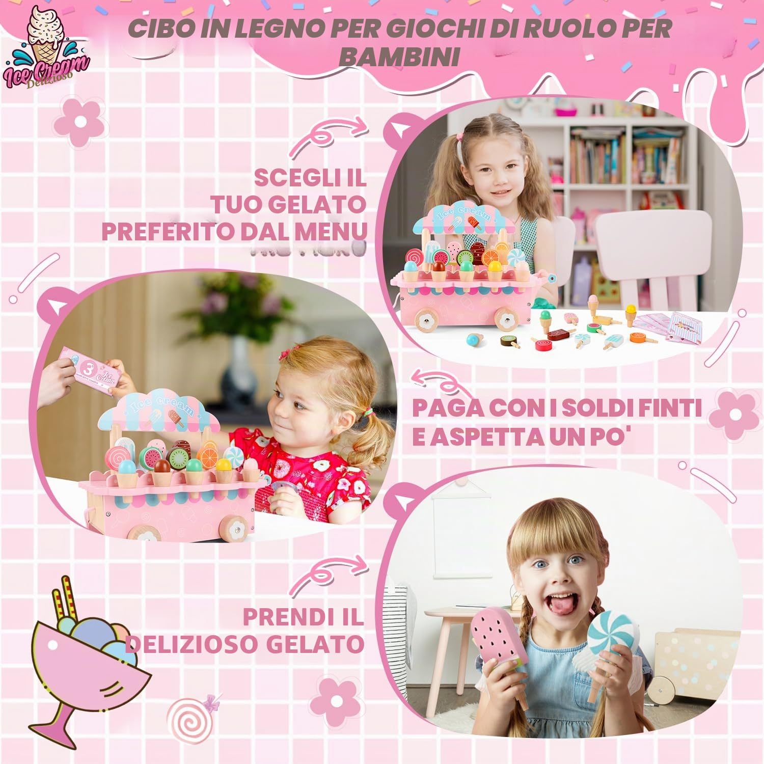 Gelateria Giocattolo per Bambini, Carretto Gelati Giocattolo Legno, Gelateria Cucina Giocattolos Educativi Montessori, Accessori Cucina Legno, Giochi Ruolo Montessori Regalo per Bambina 3 4 5 6 7 Anni