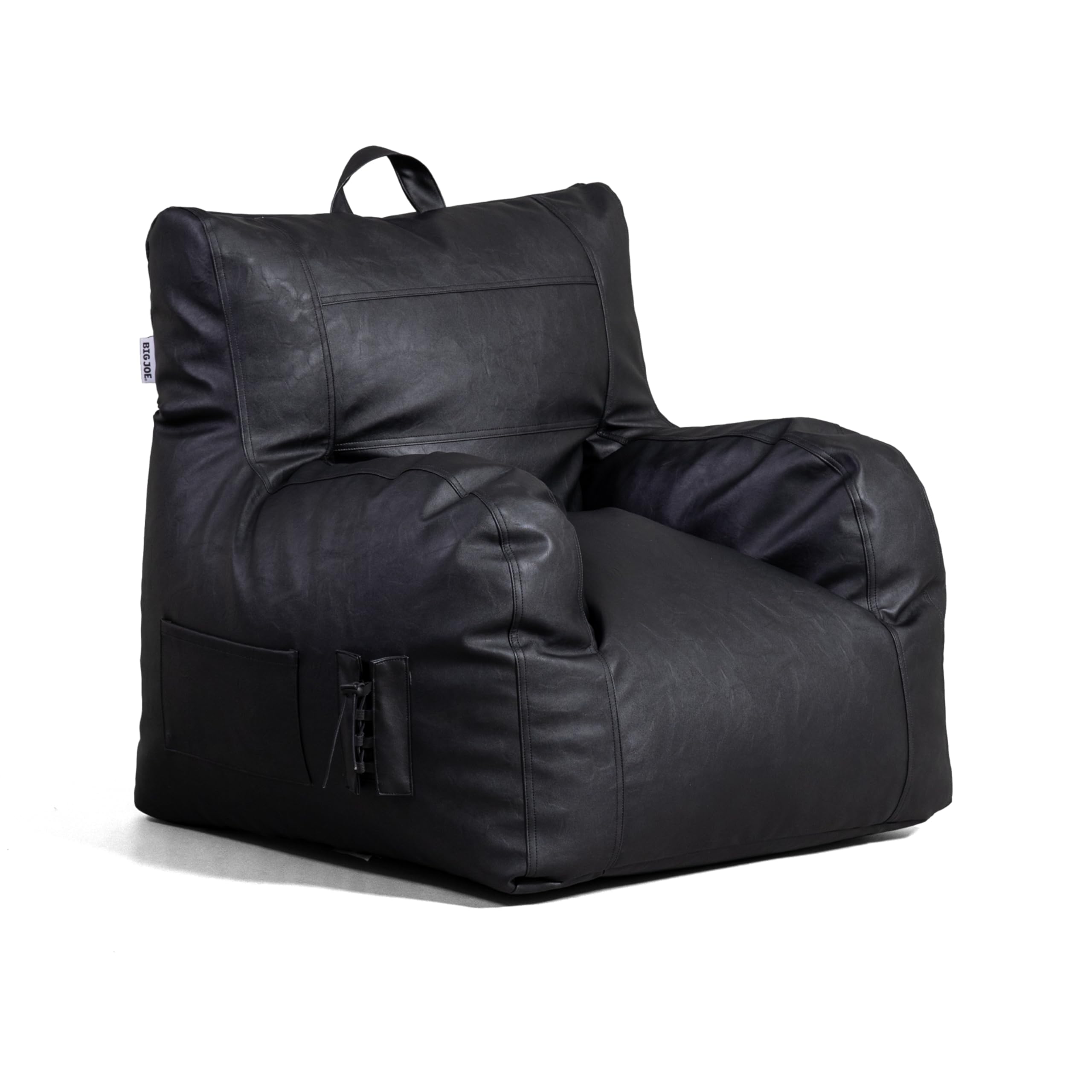 Big Joe Dorm Bean Bag Chair with Drink Holder and Pocket, Black Vegan Leather, Kids and Teens, 3 feet