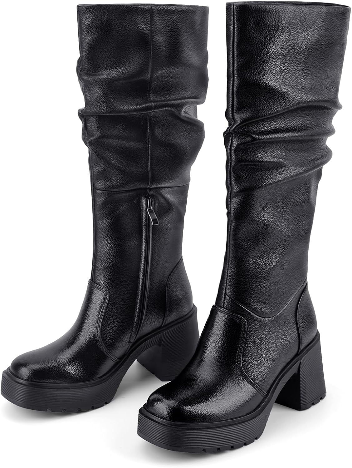 UBWDU Women's Platform Campus Knee High Boots Side Zipper Chunky Block heel Tall Boots Square Toe Long Leather Booties