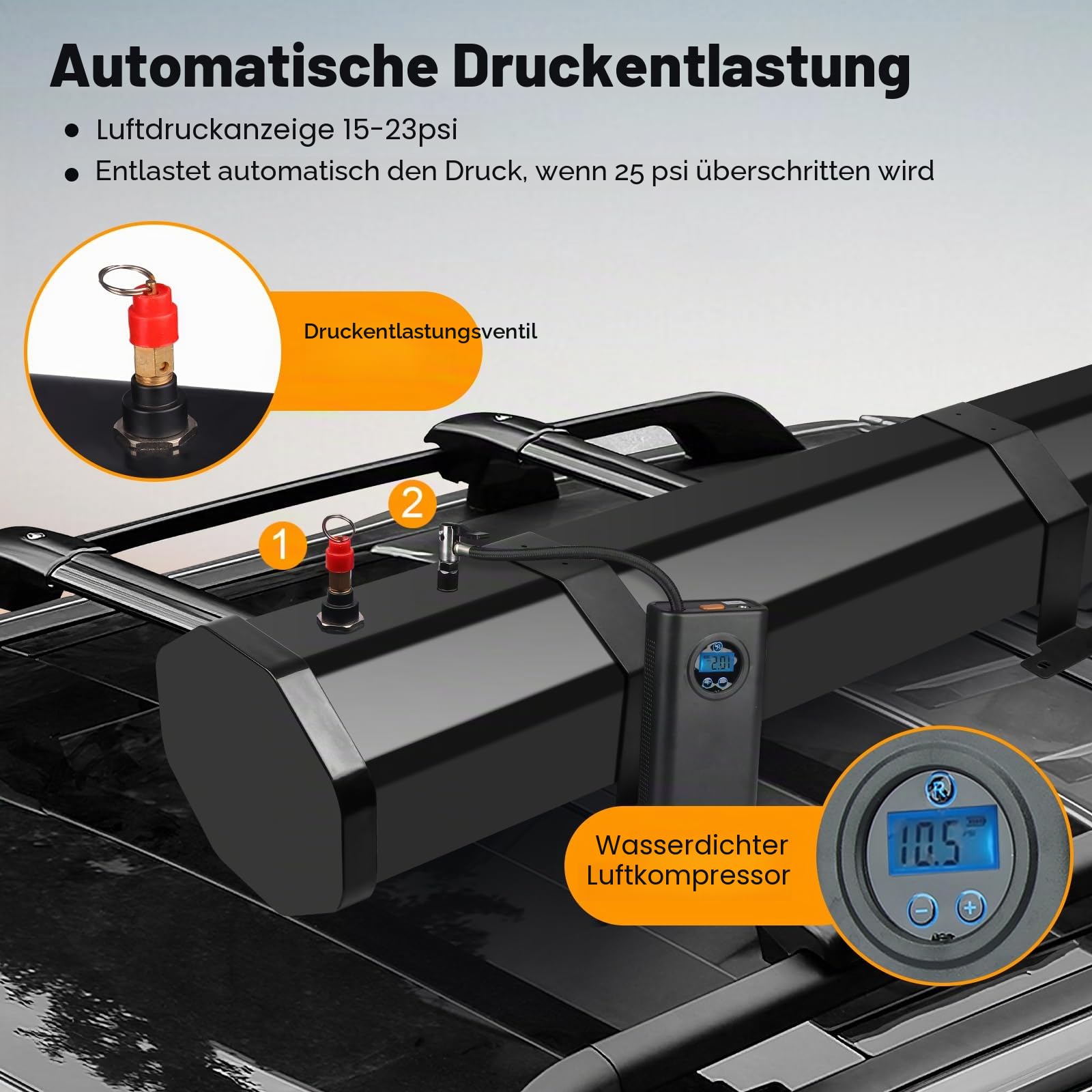 Premium Auto Camping Dusche 30L, Solardusche Camping Dusche mit Heizfunktion für SUV, Offroad & Wohnmobil, Fahrzeug Dusche mit Druckwasserpumpe, Dachträger Montage, Outdoor Dusche für Camping Reisen
