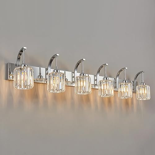 Miniatura 67 de Luces de tocador de cristal cromadas de 4 luces, modernas lámparas de baño de cristal sobre espejo de 32.67 pulgadas de largo para baño Cromo