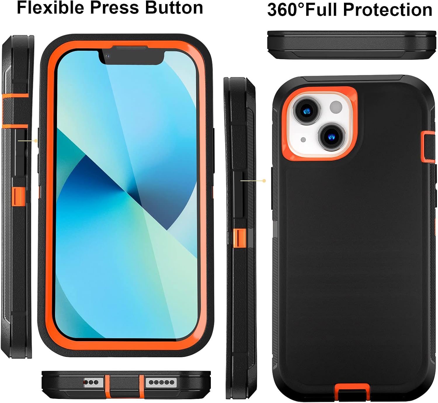 Case for iPhone 13 Case 6.1" Belt-Clip Kickstand Holster with 2 Screen Protector + 2 Camera Lens Protector, Full Body Heavy Duty Military Grade Drop Protection Cover (Black Orange+Clip)