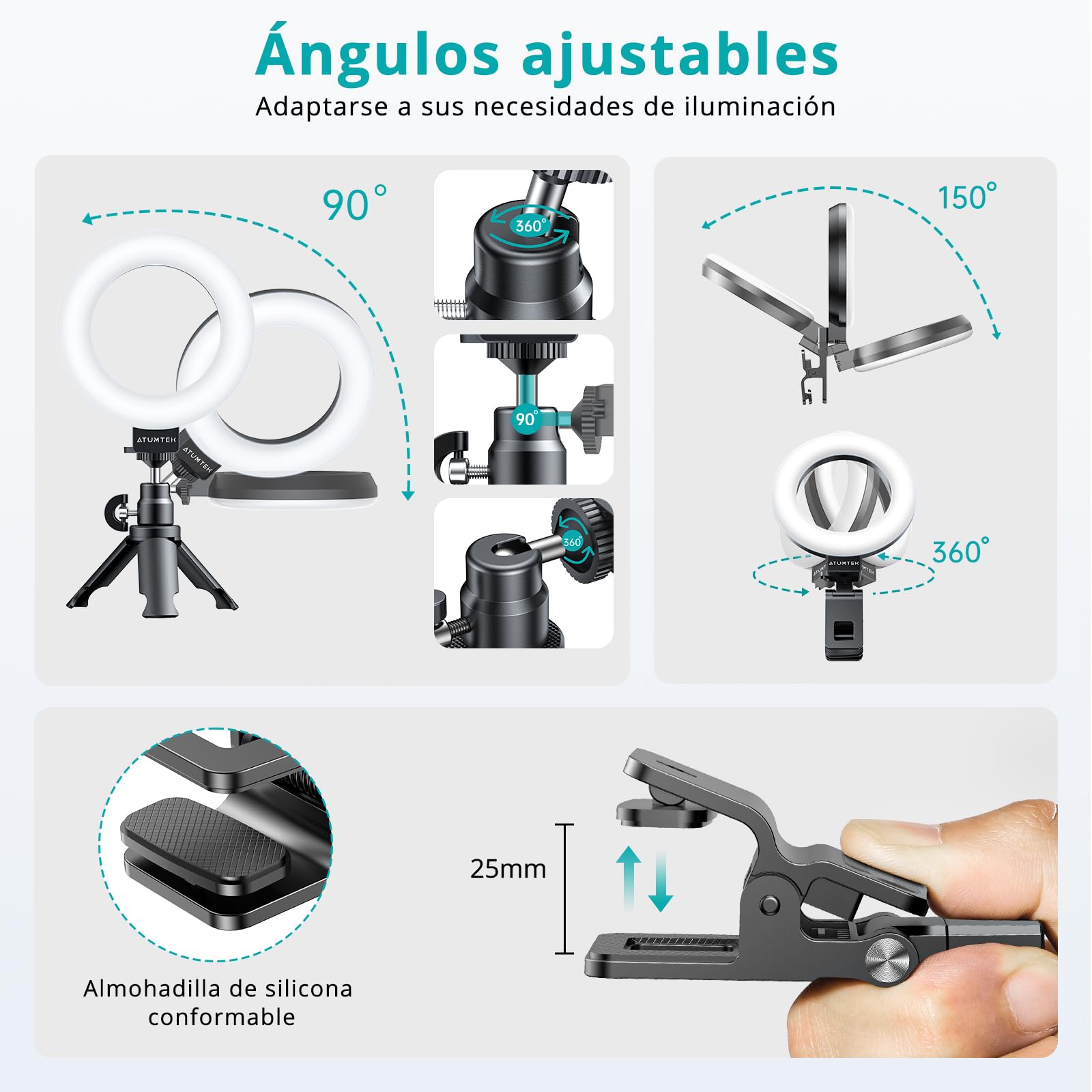 Aro de Luz ATUMTEK de 5 Pulgadas con Trípode y Clip para Laptop, Luz LED Regulable con 3 Temperaturas de Color y 10 Niveles de Brillo, Ideal para Videollamadas, Vlogging y Fotografía en Streaming