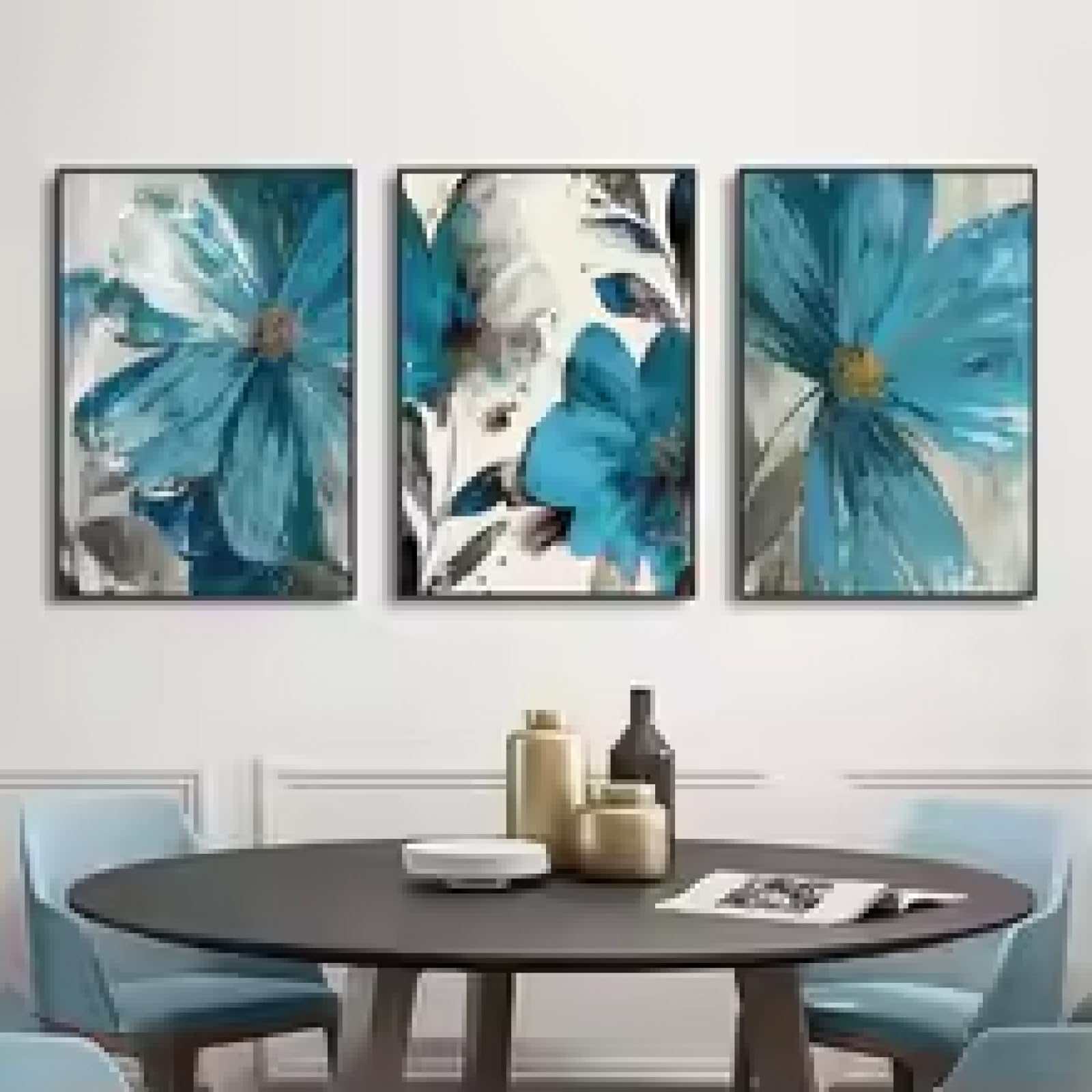 HIPWST Kwitnące życie botaniczny nadruk sztuka ścienna obrazy na płótnie vintage niebieska farba kwiaty salon plakaty sztuka ścienna dekoracja 60 x 80 cm x 3 bez ramy