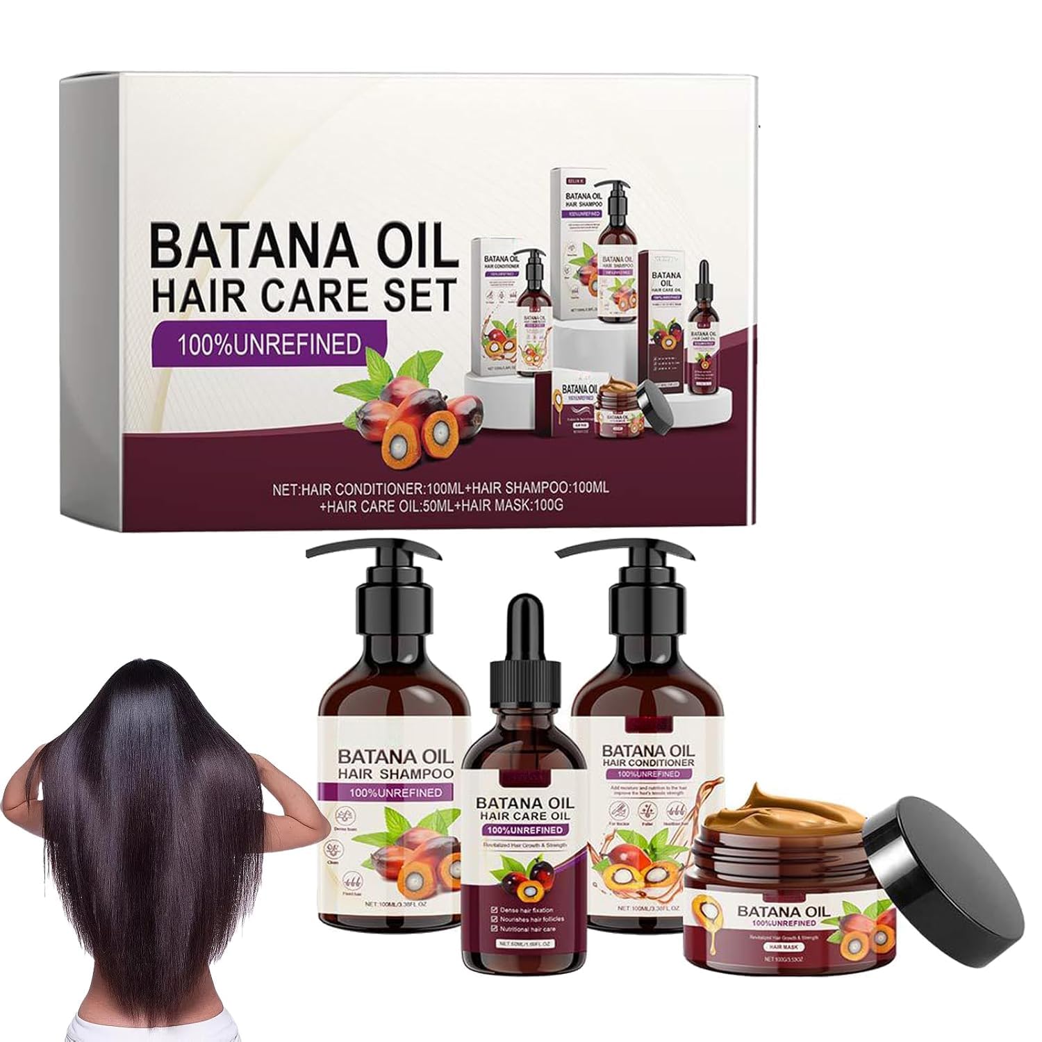 Batana Oil Volumizing Hair Care Set, Repairs Frizzy Hair, Deep Nourishes Scalp, Smooth Hair Travel Set for Women and Men Include Shampoo Conditioner Hair Mask Hair Oil (1 Set)