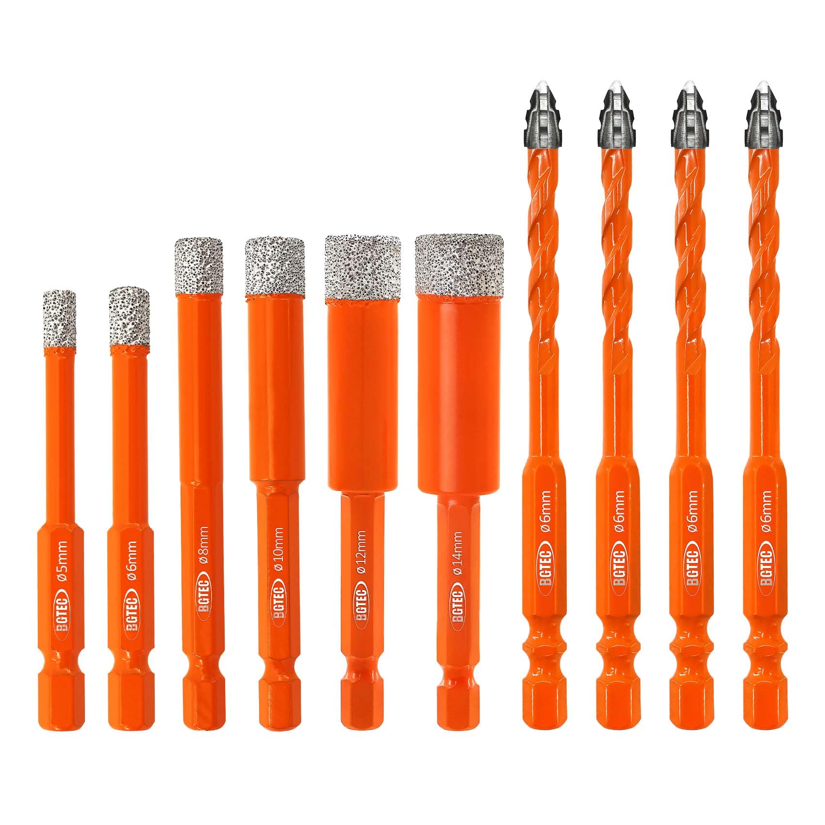 BGTEC Serrated Carbide Masonry Drill Bit Set 10PCS - 6MM*4 Wood Bits & 5/6/8/10/12/14MM Diamond bits with for Wood Plastic Masonry Brick Tile Glass Concrete Marble — image 1