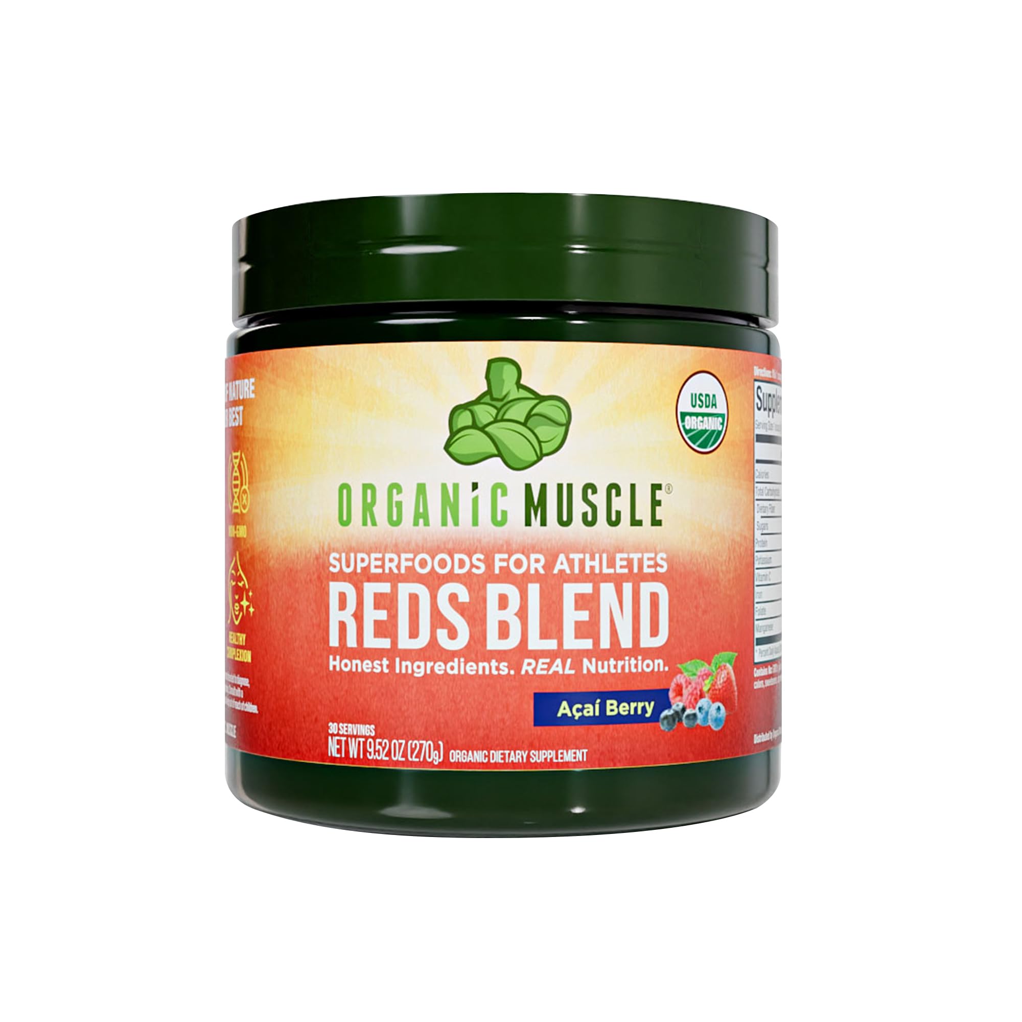 Organic Muscle Reds Powder | Caffeine-Free Energy & Heart Support | Pre-Workout with Beet Root, Acai, Pomegranate & Antioxidants | Non-GMO, Vegan, 30 Servings