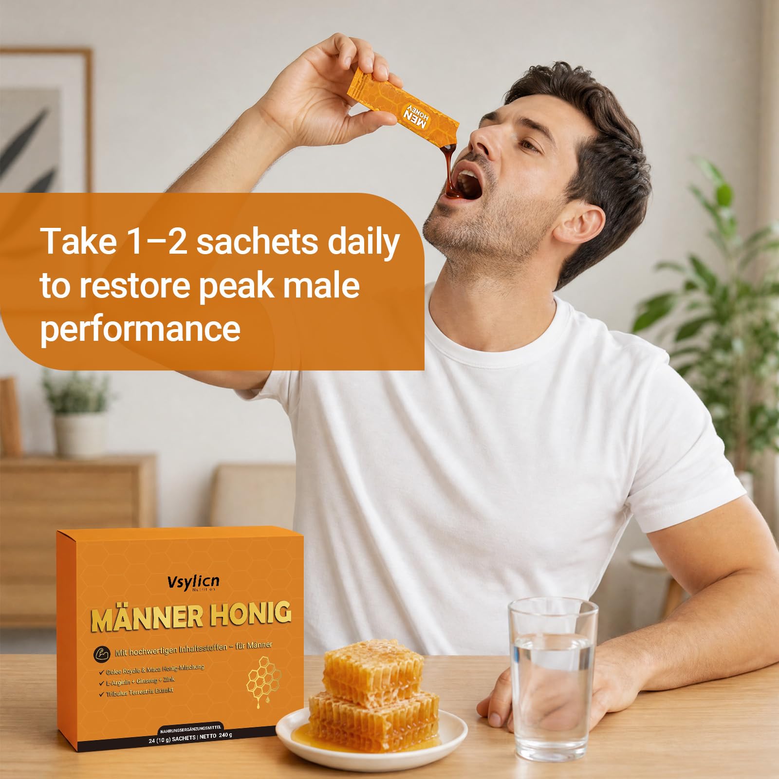 Männer Honig Sachets |Premium Kräuterhonig für aktive Männer | Natürlicher Honig mit Maca,Gelee Royale, Ginseng,L-Arginin & Zink - 24 x 10g Einzelpackungen - 240g