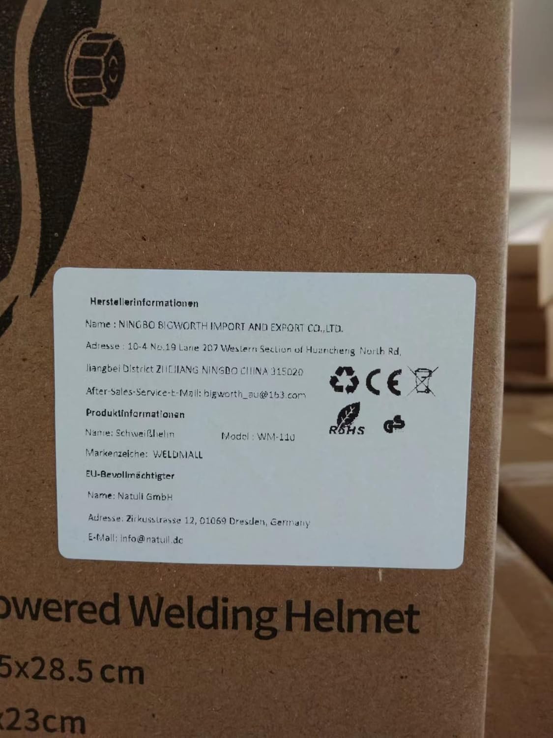 Packaging details for a powered welding helmet