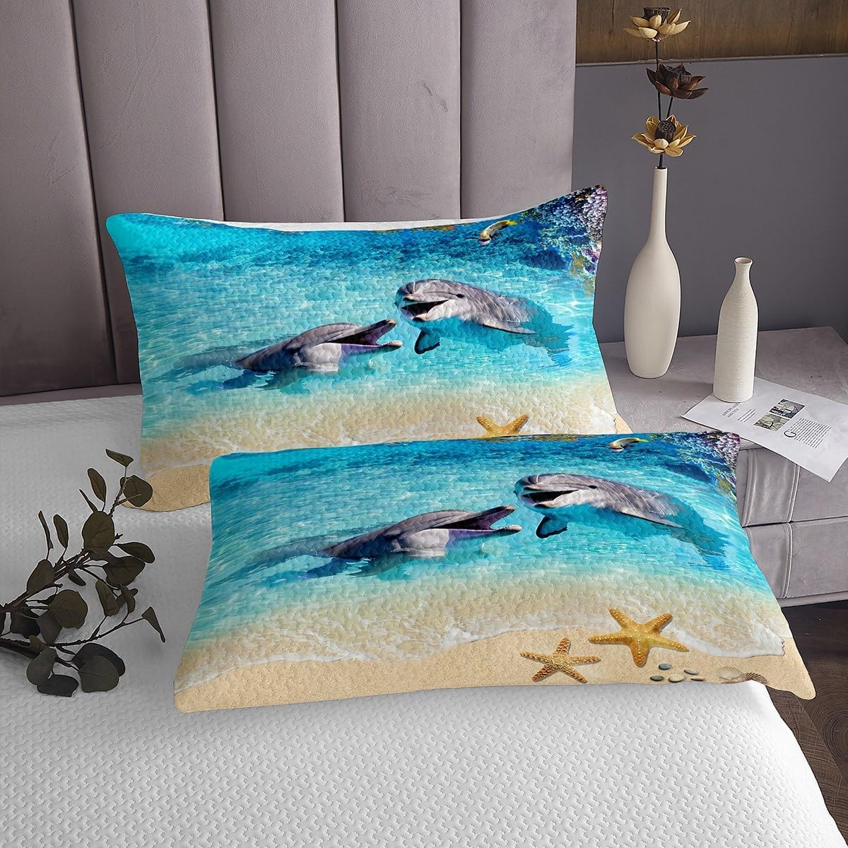 Homewish Cute Dolphin Bedspread Queen,Starfish Coral Marine Life Coverlet Set 3pcs for Kids Teens Adults Room Decor,Hawaii Beach Quilted Coverlet Blue Romantic Bedding Quilt with 2 Pillowcases