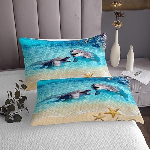 Miniatura 4 de Homewish Juego de 2 piezas de colcha con diseño de delfín, diseño de vida marina y estrellas de mar, coral, para decoración de habitación de niños,
