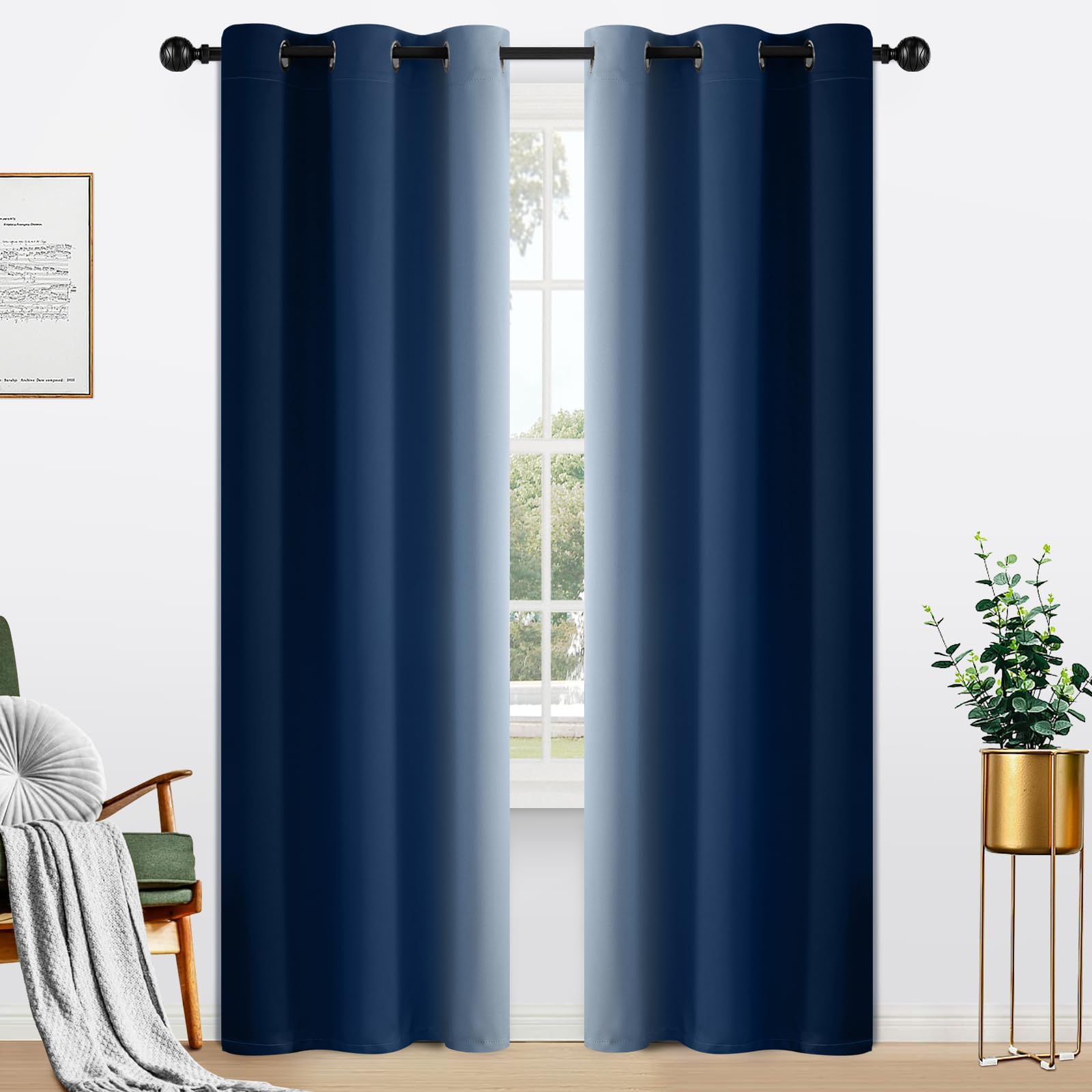 Yakamok Light Blocking Ombre Curtains, Greyish White and Blue Gradient Color Curtains, Room Darkening Grommet Window Drapes for Bedroom(Blue, 42x84 Inch, 2 Panels)