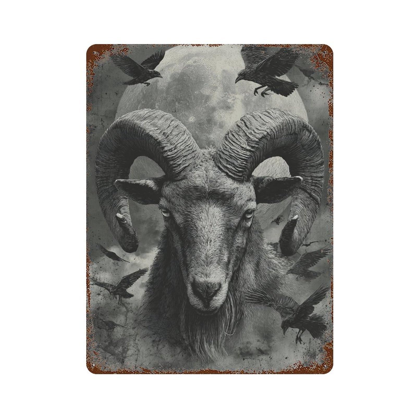 Goat with Raven Moon Rusty Metal Tin Sign 15.7"x11.8", for Pub, Kitchen And Man Cave Decor, Farmhouse Wall Decor