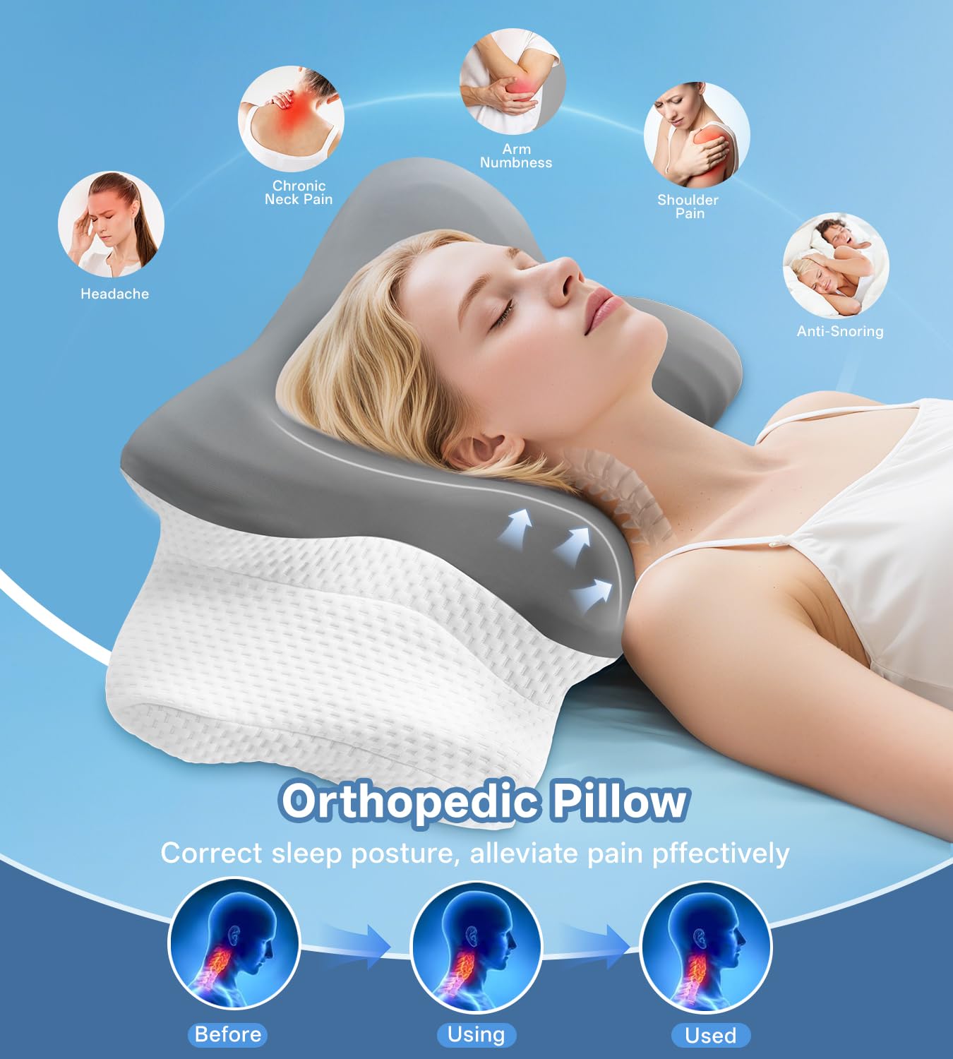 Memory Foam Pillow for Neck Pain - Cervical Neck Pillow for Side Sleepers Back Stomach Sleepers with Breathable Pillowcase, Ergonomic Pillow for Neck and Shoulder Pain (Grey) — view 3