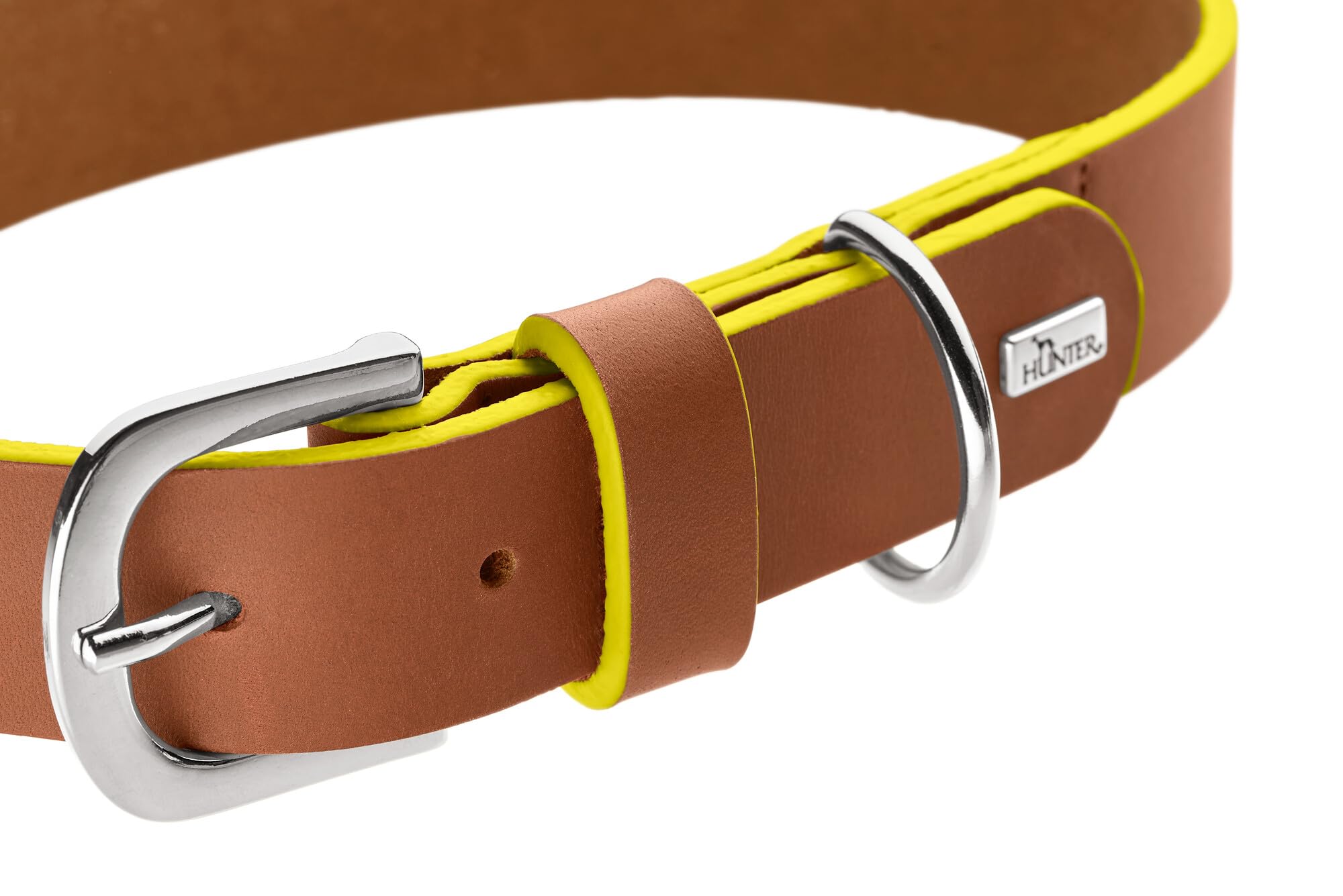 HUNTER Hundehalsband Garda aus Softvollrindleder, robust & komfortabel, mit handgefärbten Kontrastkanten, Made in Germany, Farbe: Cognac/gelb, Größe: 35