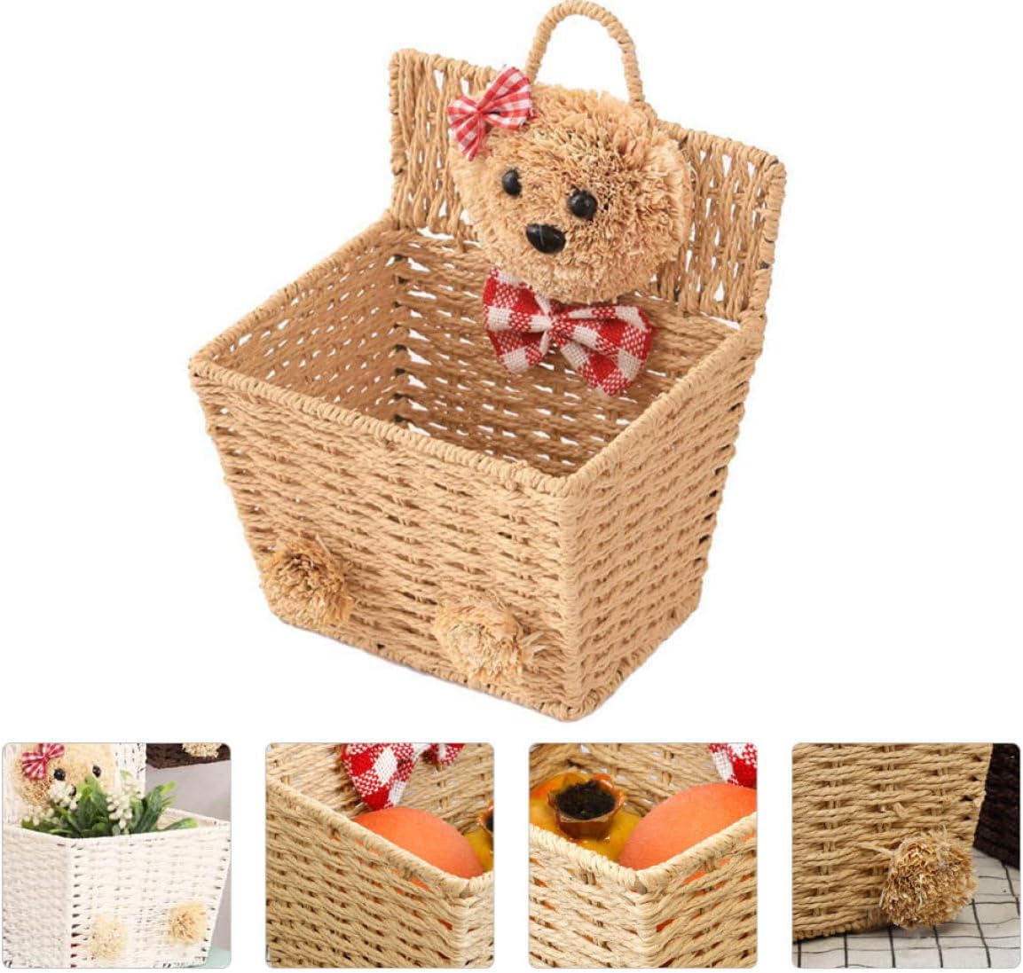 FRCOLOR Cartoon Bear Hanging Basket Wicker Woven Organizer Khaki Handmade Storage Basket for Nursery ’ Room and Household Hanging Organizer