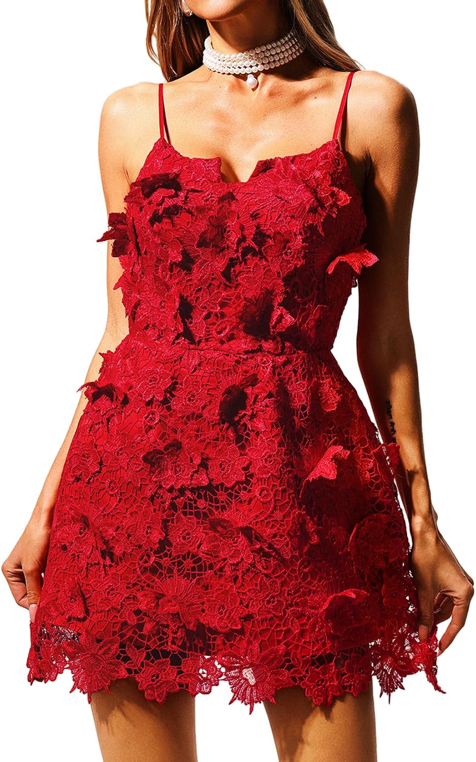BELLA BARNETT Red Spaghetti Strap Lace Dress Flowers Embroidery A Line Mini Party Date Night Dress