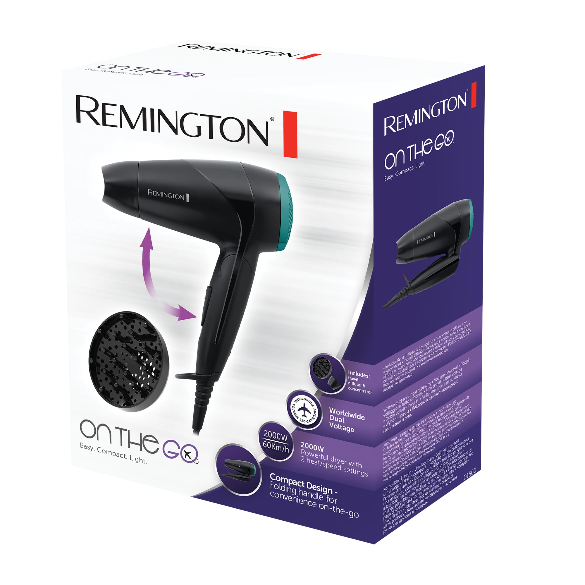Remington Asciugacapelli 2000W - Pieghevole e Potente - Asciugacapelli da Viaggio, Bacchetta e Diffusore per styling, 2 livelli di riscaldamento e ventola, On The Go D1500