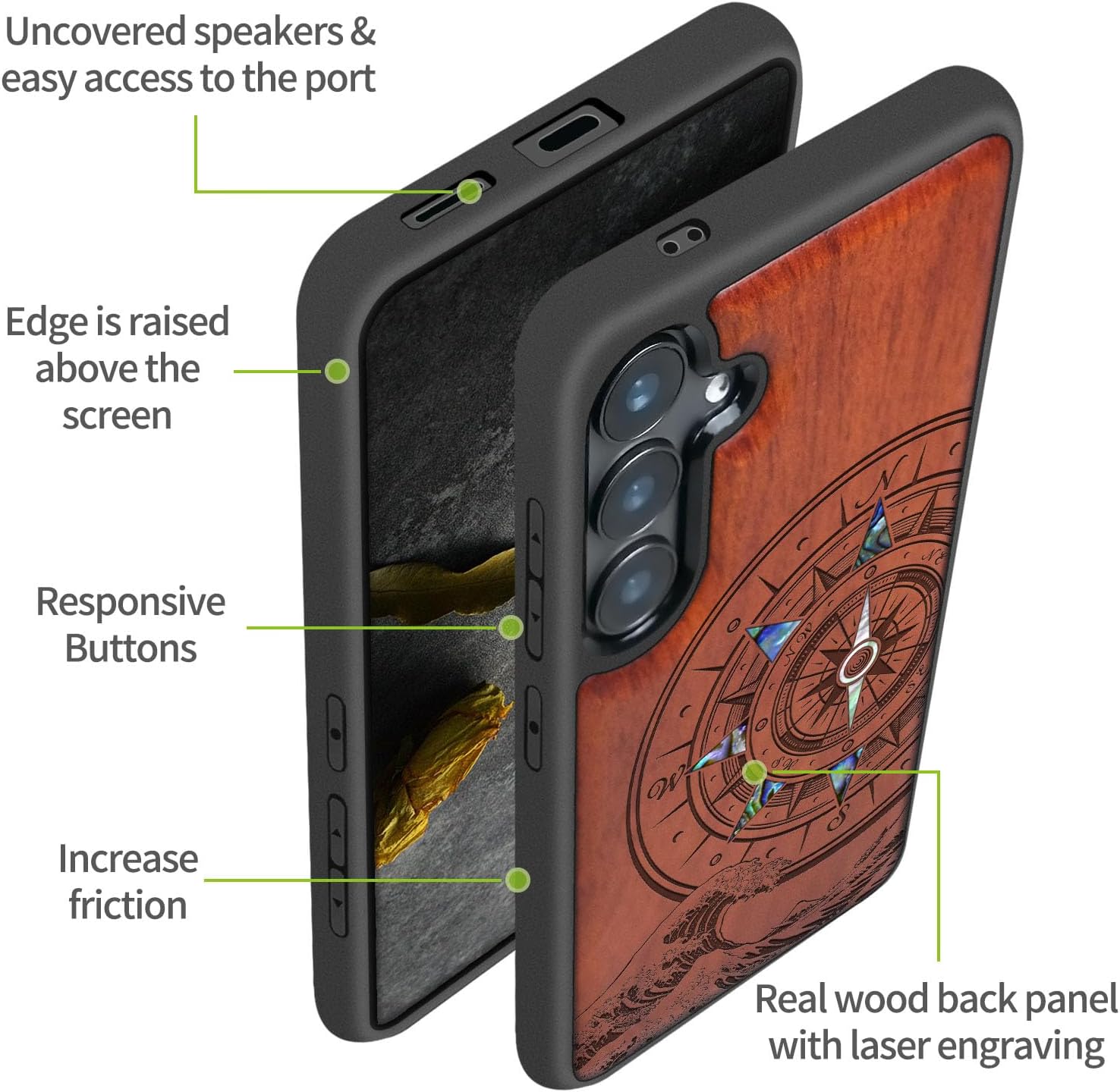 Carveit Magnetic Wooden Case for Galaxy S25+ / S25 Plus Case, Wood Artisan Engraved & Handmade Shell Inlaid, Compatible with MagSafe Wireless Chargers (Wave Compass) Rosy