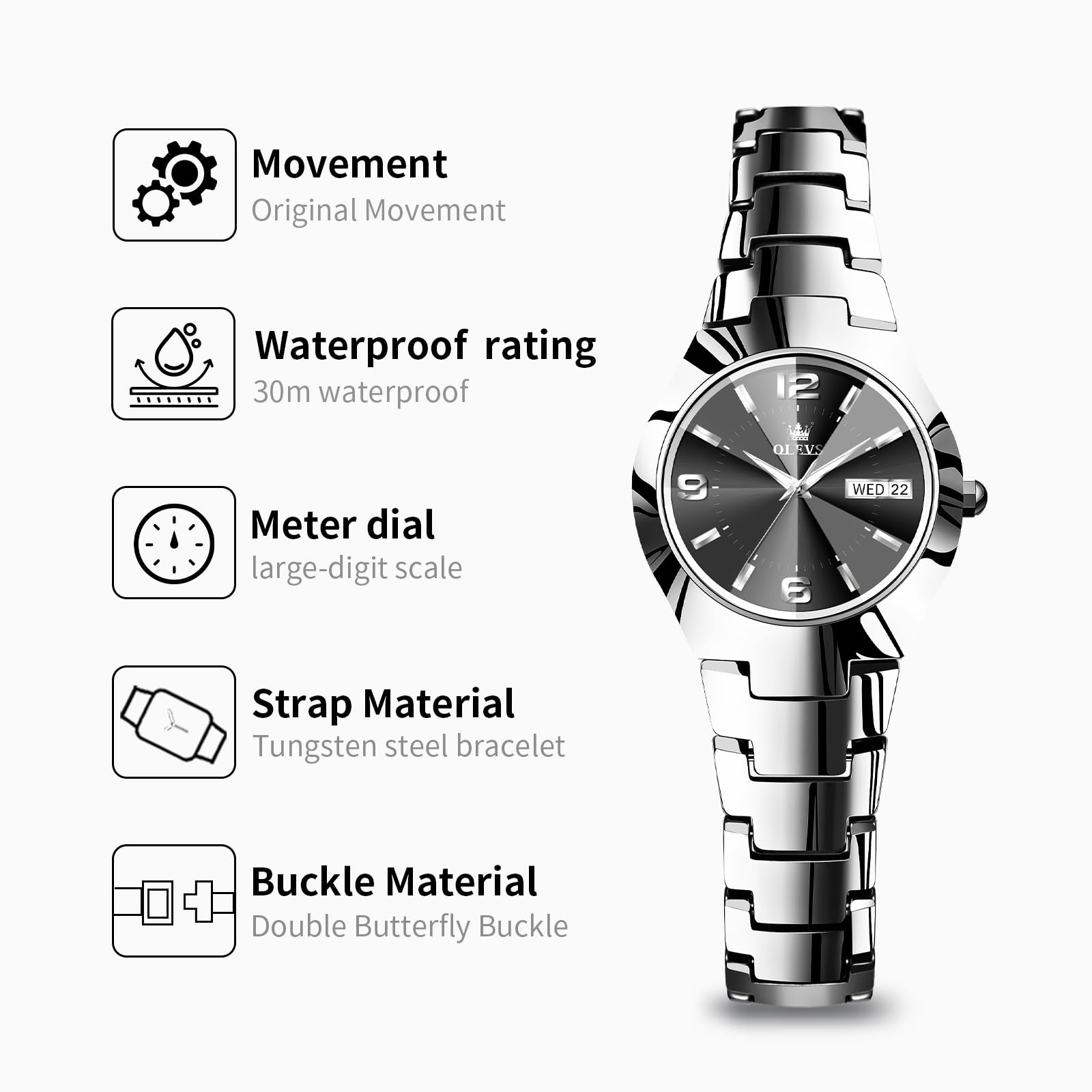 OLEVS Orologio da donna di lusso, impermeabile, analogico, al quarzo, in acciaio inox, con data e giorno, cristallo sfaccettato 3D alla moda e lancette luminose eleganti regali Relojes para Mujer