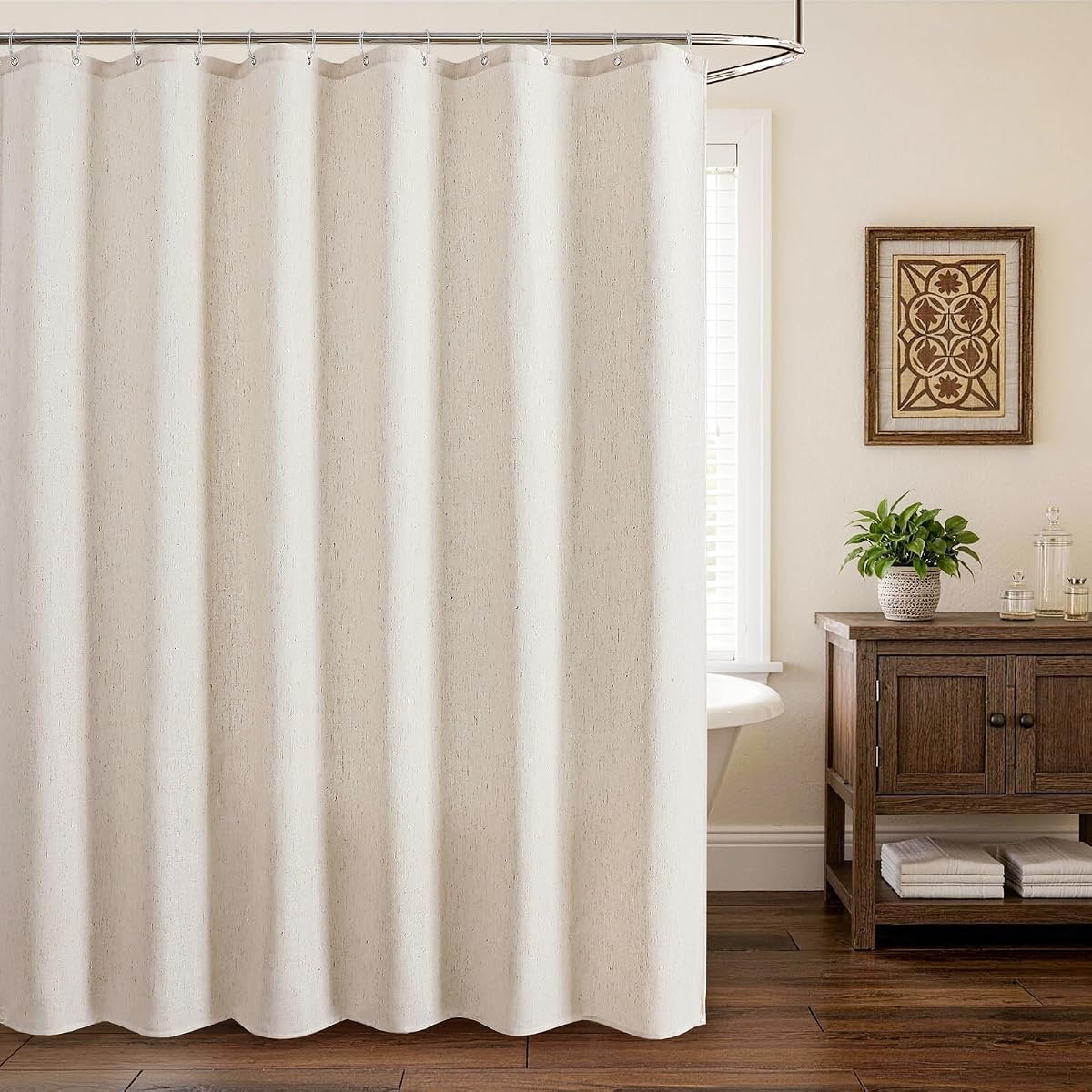 Farmhouse Linen Shower Curtain, Rustic Decor, 72x72, Natural/Cream | Boho Vintage Linen Shower Curtain Set with 12 Clear Hooks for Bathroom, Waterproof Heavy Duty Fabric Bathroom Curtains