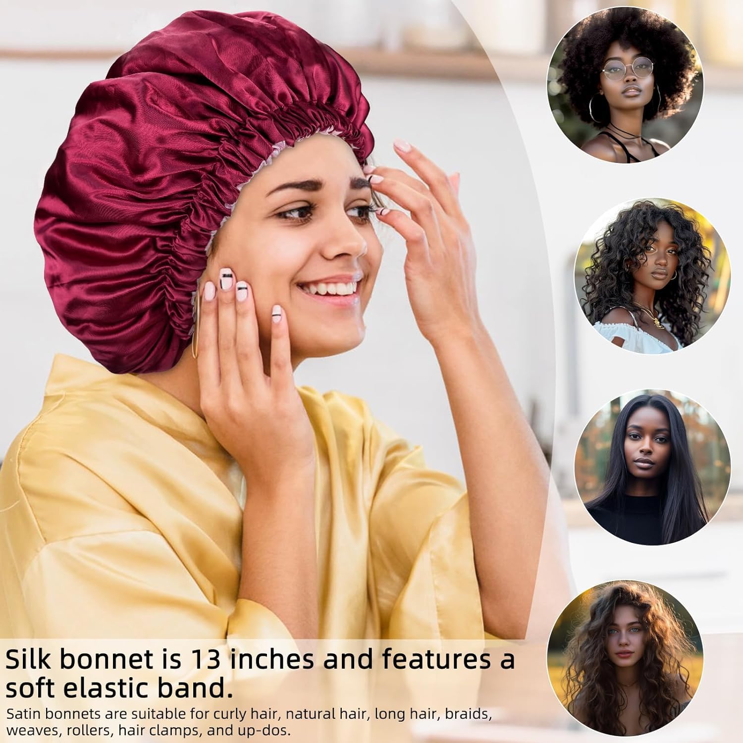 Go well Satin Bonnet for Curly Hair with Free Silk Satin Pillow Covers and Scrunchies | Silk Bonnet for Hair|Best Gift Combo of Pack of 2 Satin Pillowcases with 3 Silk Scrunchies Adjustable HairCap (maroon) 2
