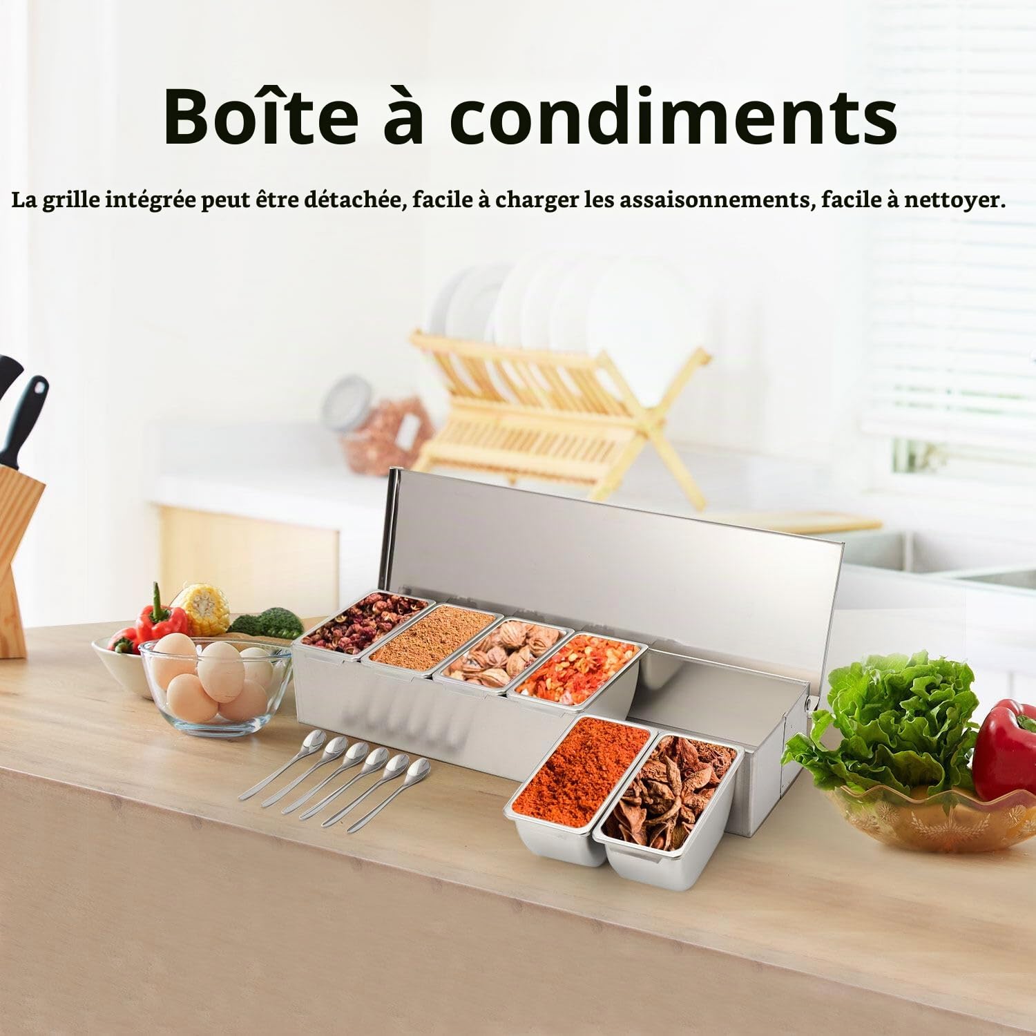 Assaisonnement Box Set, 6 Grilles, avec Couvercle et 6 Cuillère