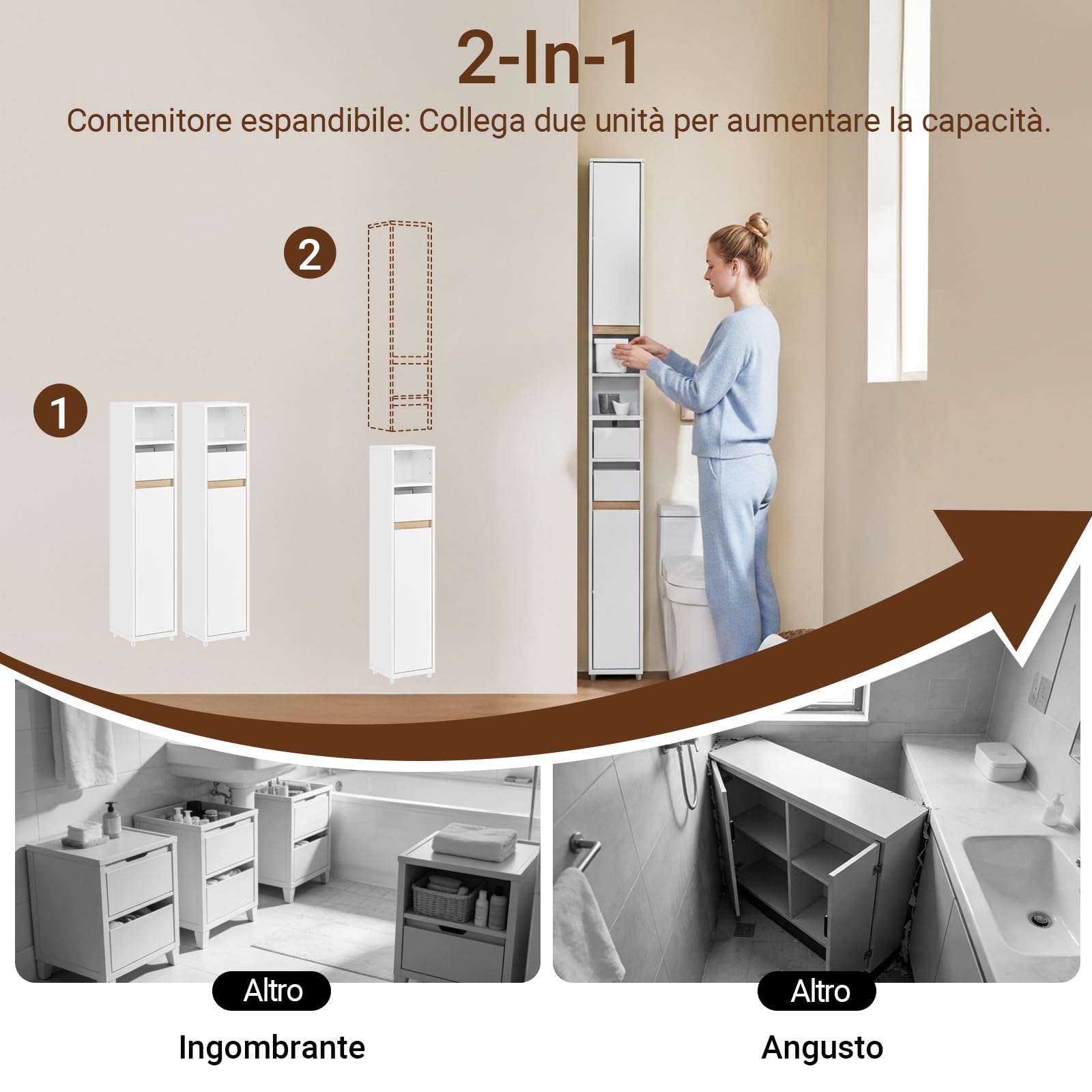SoBuy Mobiletto Bagno Salvaspazio Colonna Stretta Armadietto Bagno con Cassetto & Ripiano Regolabile per Spazi Stretti WC Piccoli Bianco 20x20x96cm BZR151-W