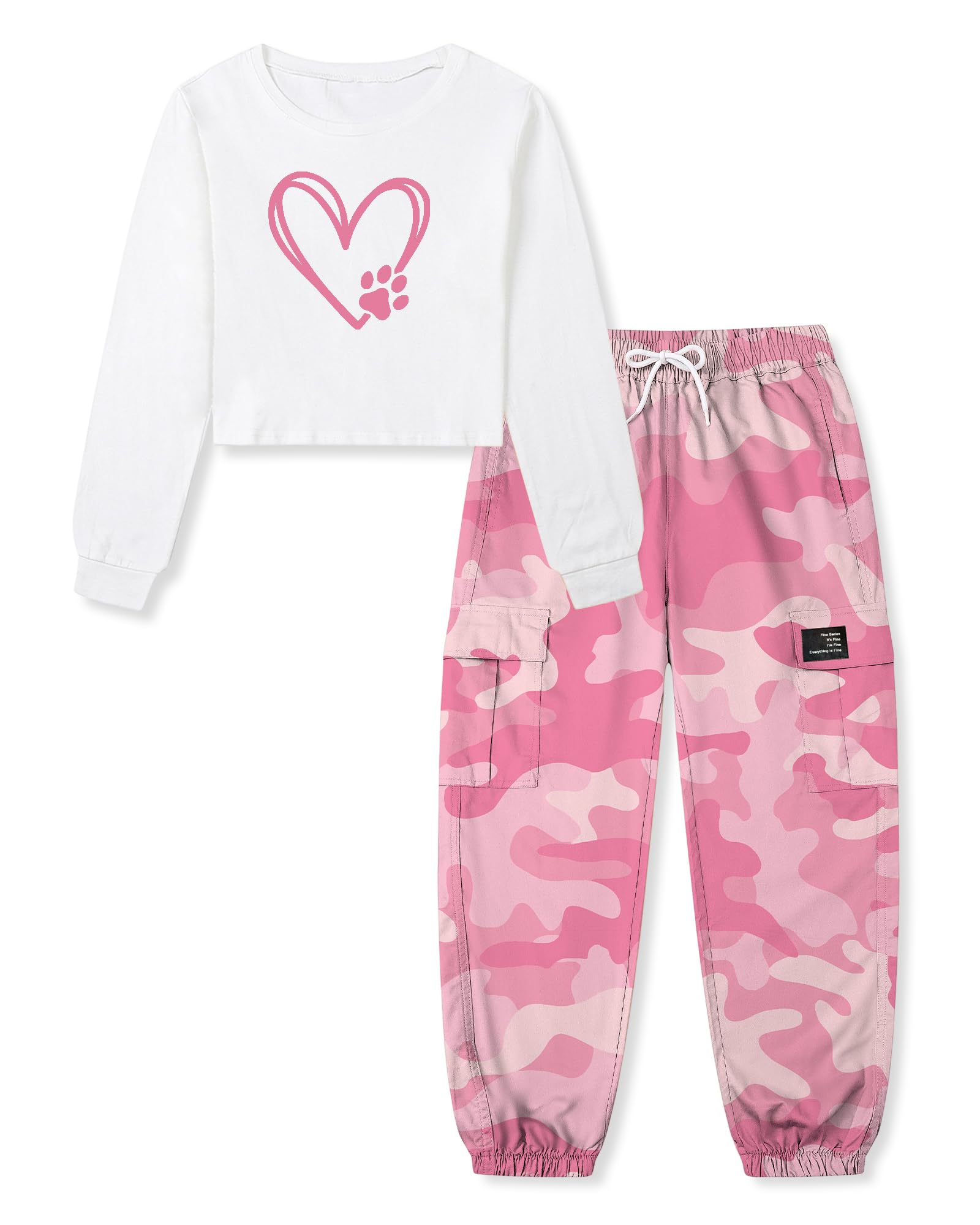 Betusline Girls Fall Winter Clothing Sets, Long Sleeve Crop Top &amp; Cargo Jogger Pants 2 Piece Outfit Sets,4T-14Y