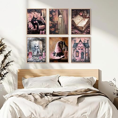 Miniatura 6 de 6 piezas de lienzos de fantasmas de Halloween, arte de pared de fantasmas rosados, gatos negros, imágenes divertidas góticas para decoración de