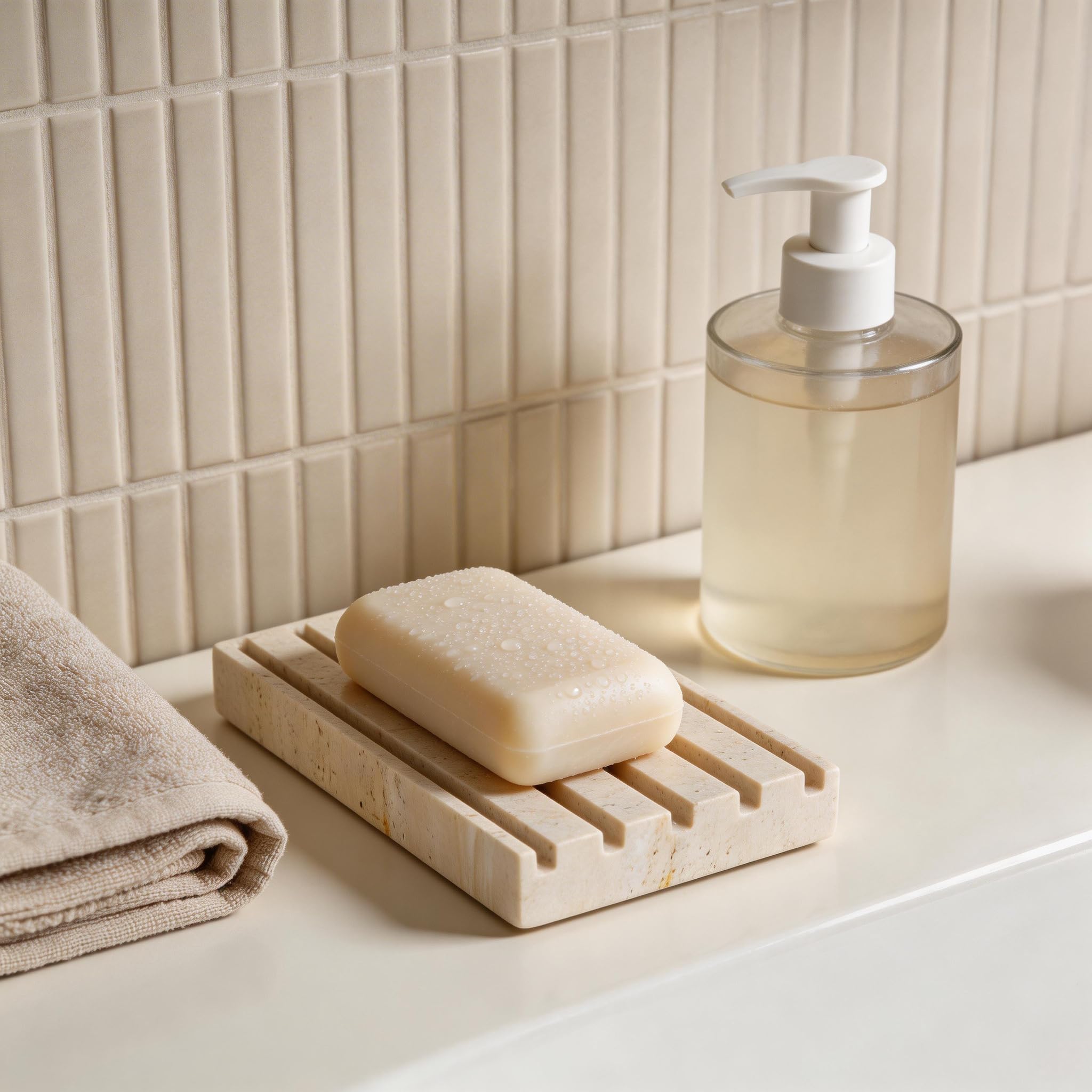 Jabonera beige, soporte para jabón de travertino natural, soporte para jabón de baño, plato de esponja con diseño autodrenante, adecuado para ducha, tocador, cocina, fregadero.