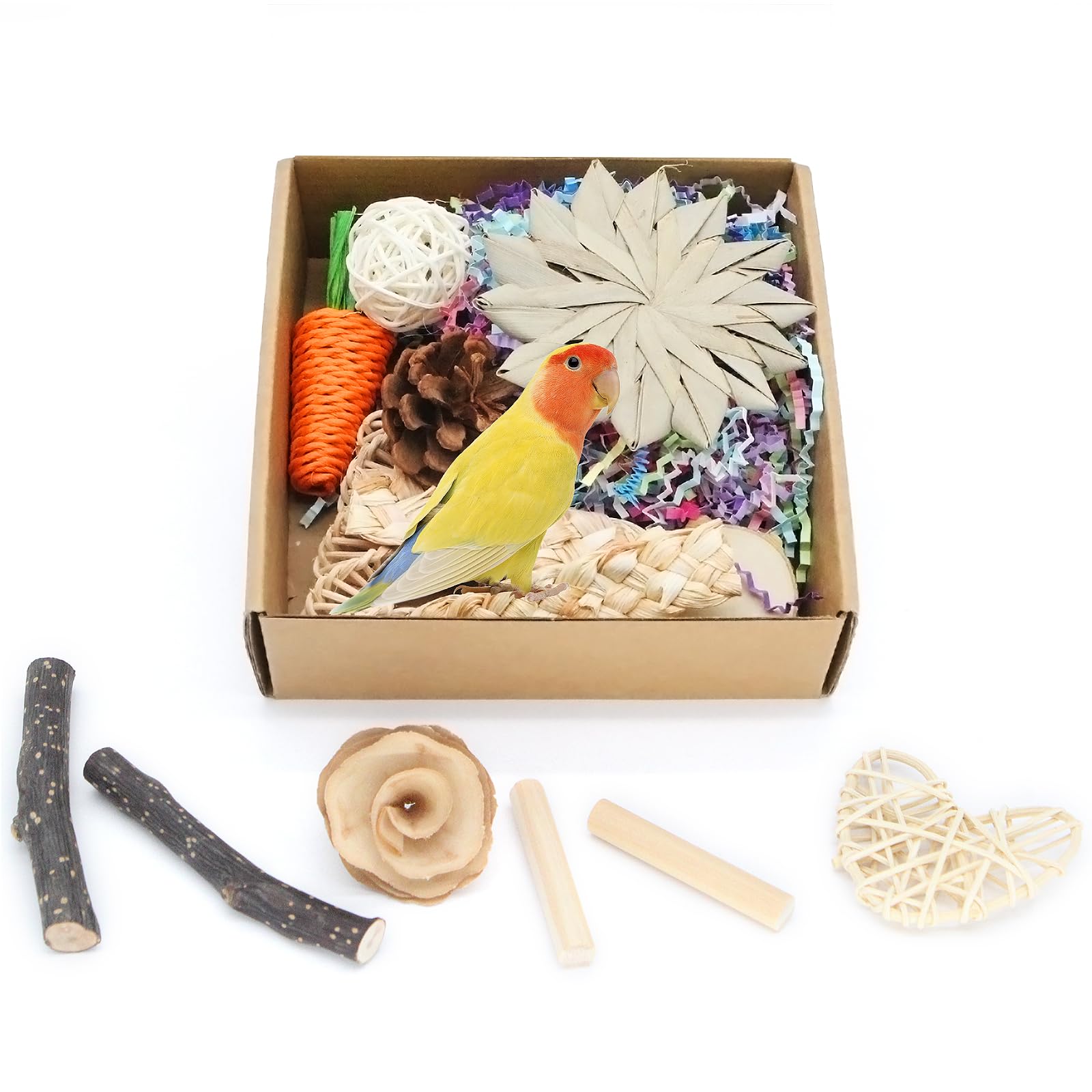 MQUPIN Parrot Toys Natural Bird Foraging Shredding Toys Box with Colorful Paper, Chew Toy for Small Parrots, Lovebirds, Cockatiels,Parakeets