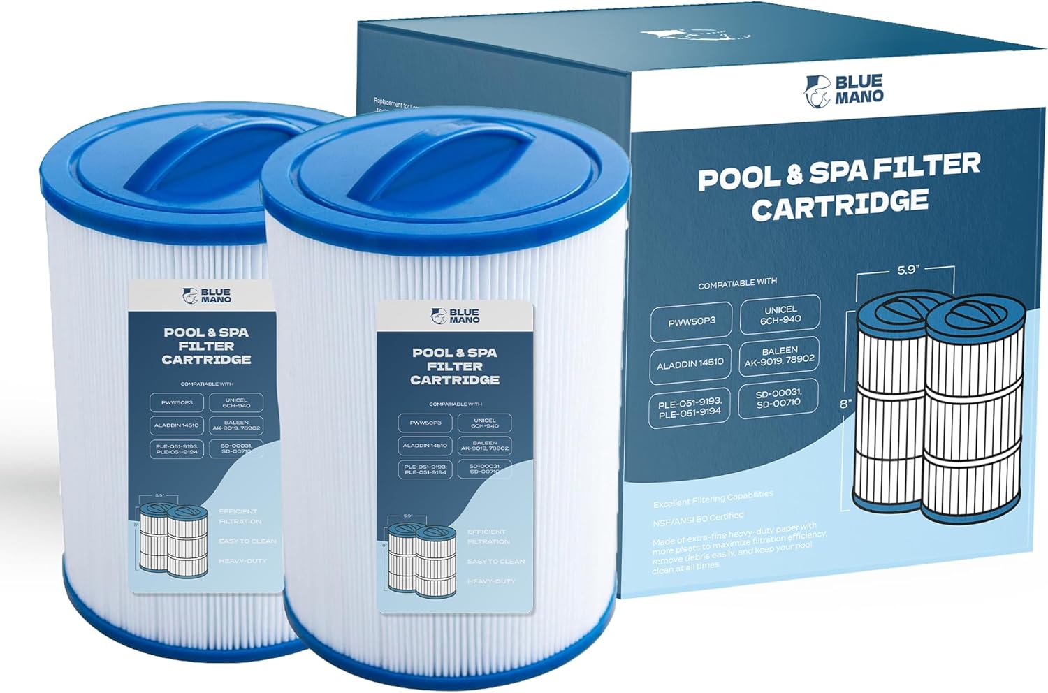 Pool Filter Cartridges Replacement 2PK, Compatible with PWW50P3, Unicel 6CH-940, Aladdin 14510, Baleen AK-9019, 78902, SD-00031, SD-00710, PLE-051-9193, PLE-051-9194